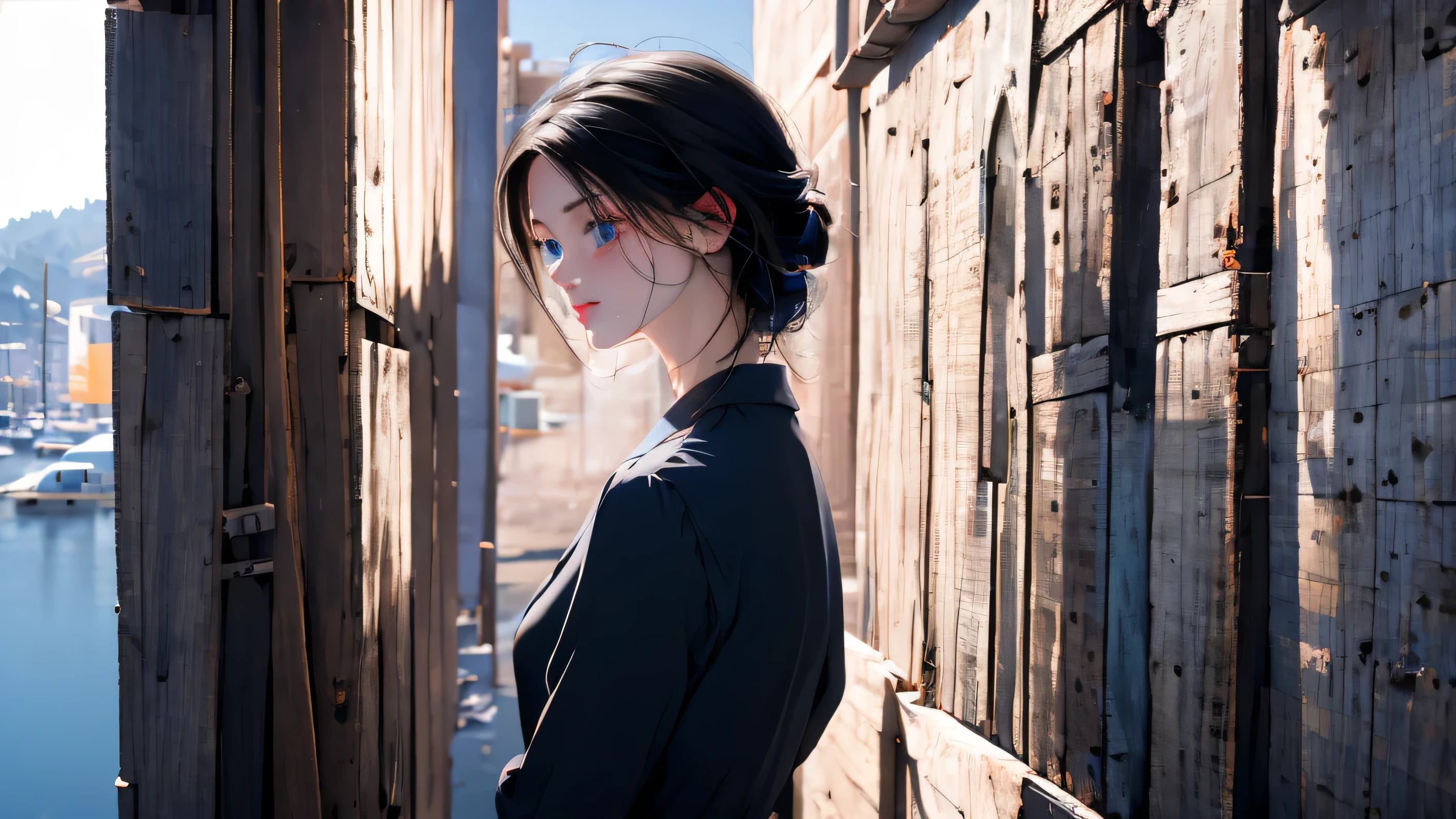 1 girl, medium light black hair, light blue eyes, wearing black suit, city, absurdres, high res, ultrasharp, 8K, masterpiece, looking from behind