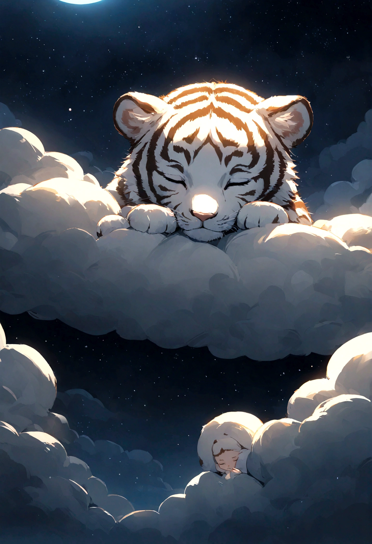 Baby tiger sleeping on a cloud in the night sky