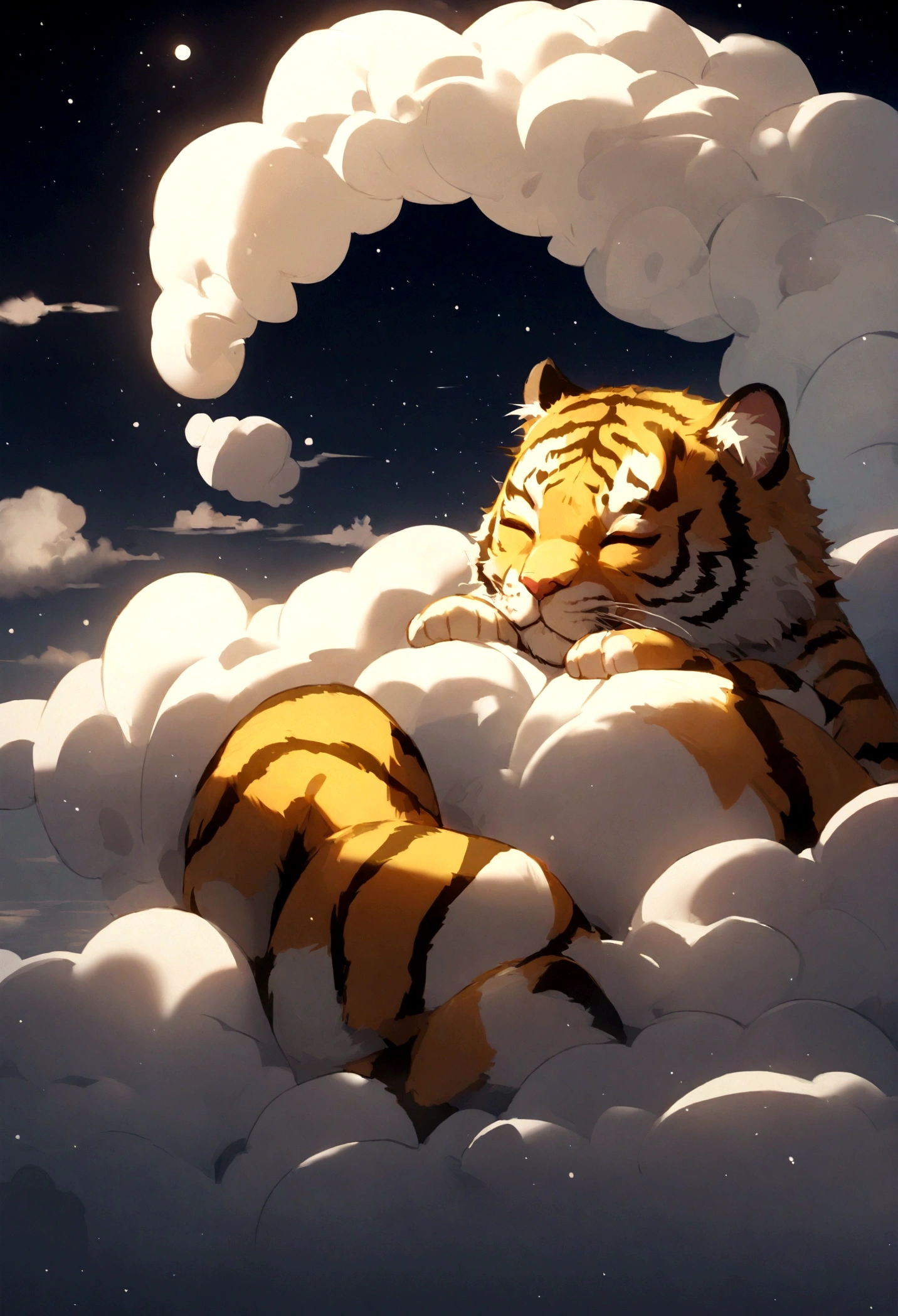 Baby tiger sleeping on a cloud in the night sky