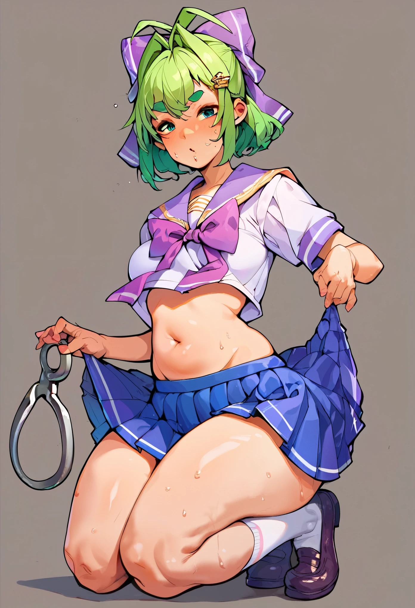 source_cartoon,rating_explicit,score_9,score_8_up,score_7_up,score_6_up,score_5_up,score_4_up,female,source_cartoon,rating_explicit,score_9,score_8 Tights，Purple bow，Green Hair，skin，（Thick Legs）Thick thighs，Hook of Holland，Sweating，exercise，Wide hips，front，Doudou Eyebrows，Antenna Hair 绿色短头发，Green Eyes，Purple bow，Hairpin，Purple and sailor collar，Striped sailor suit，Blue pleated skirt，White socks，leather shoes，Antenna Hair，Doudou Eyebrows，Hair rope