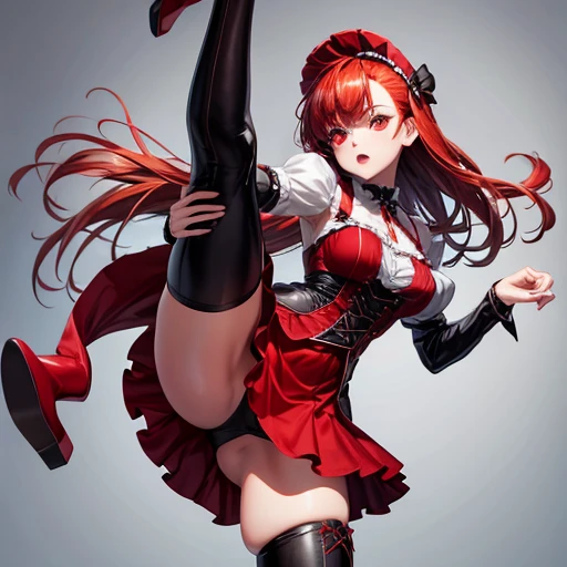 Redhead Maid clothes Morbid paleness Red Eye Knee-high boots Doing a high kick