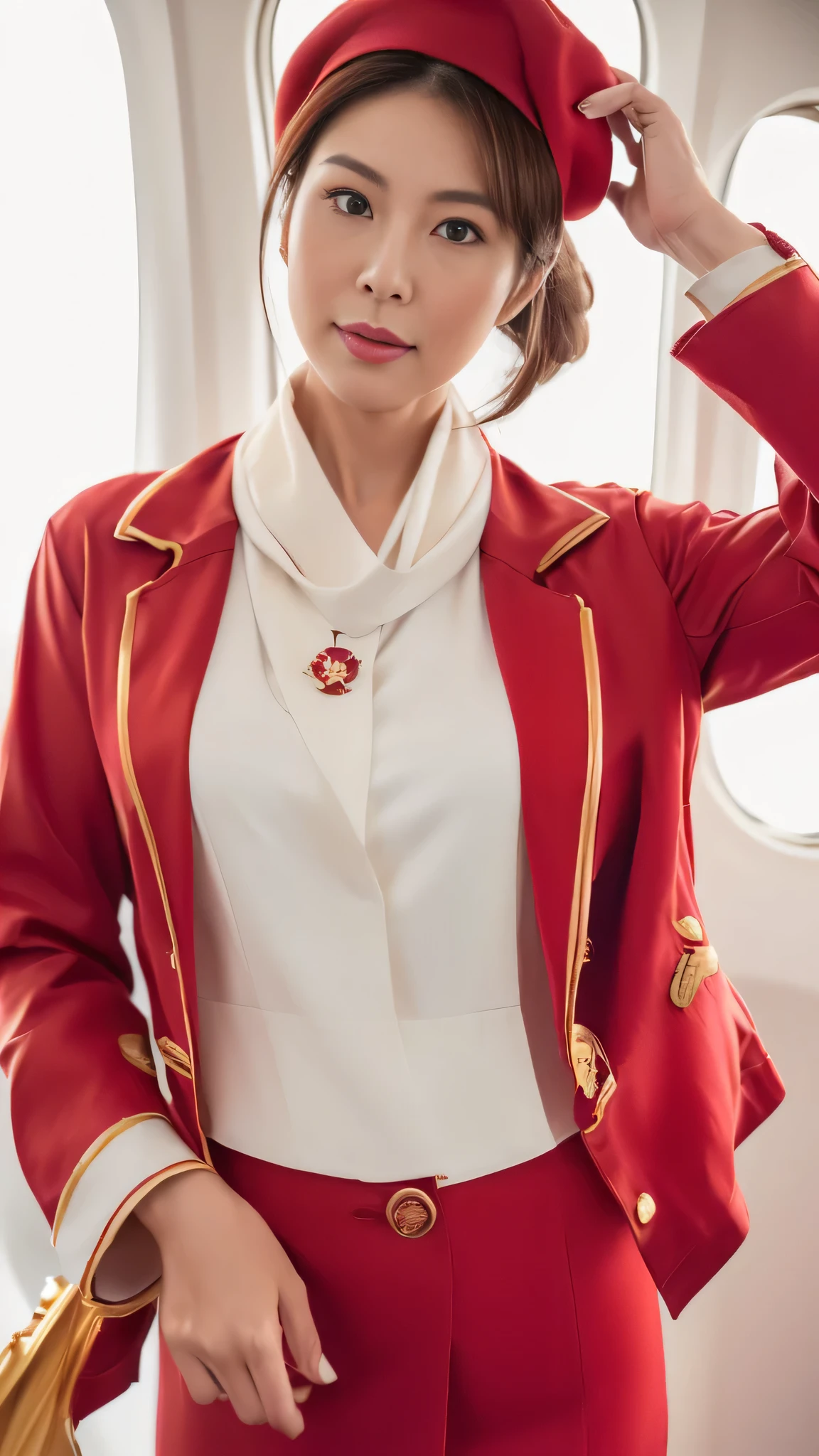 (8k, best quality, masterpiece, golden ratio composition,:1.3), (Zoom out shot:1.2), (A beautiful Japanese mature woman dressed in a classic flight attendant uniform, fitted red jacket, white blouse, red neck scarf, ,very small and short neck scarf, small red hat ,light makeup:1.4), (huge breasts), standing in an airplane cabin