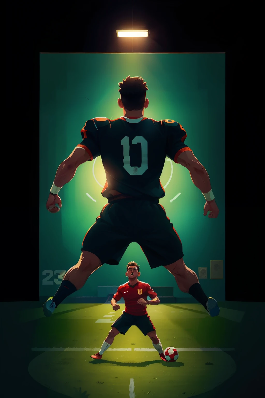 Man Playing Football: A Large Perspective Hand-Drawn Poster with a Sporty Visual Impact, showcasing a dynamic and intense depiction of a man in his prime moments, delivering a powerful visual impact. Created by MG Illustrations, this hand-drawn poster exemplifies the passion and energy associated with the beautiful game, rendered in a detailed and captivating style that will grab your attention, making it a true masterpiece. View it in 4K Ultra High Definition for the best quality at best.