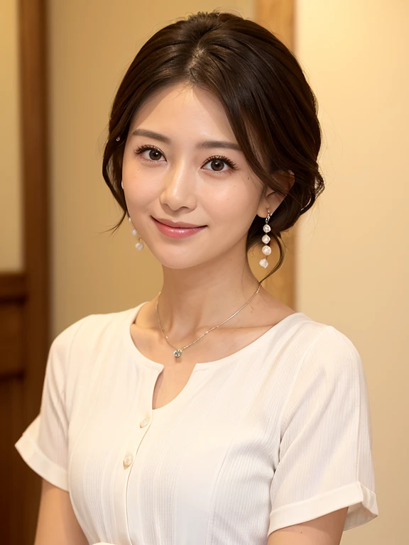 ((best quality、masterpiece:1.3))、Clear focus:1.2、(Practical、Practical:1.37)、perfect beautiful woman、Highly detailed face and skin textures、Beautiful eyes,Double eyelids、Little Smile、short hair、Smaller bust、small necklace、White short-sleeved shirt、Indoor sunshine and warmth,Emphasize the beauty of facial lines and contours,Raise your head slightly,Have self-confidence,A wise look,Plain makeup,Plain background,Japanese and Korean young women,Eyes not looking at the camera,Wearing single pearl earrings