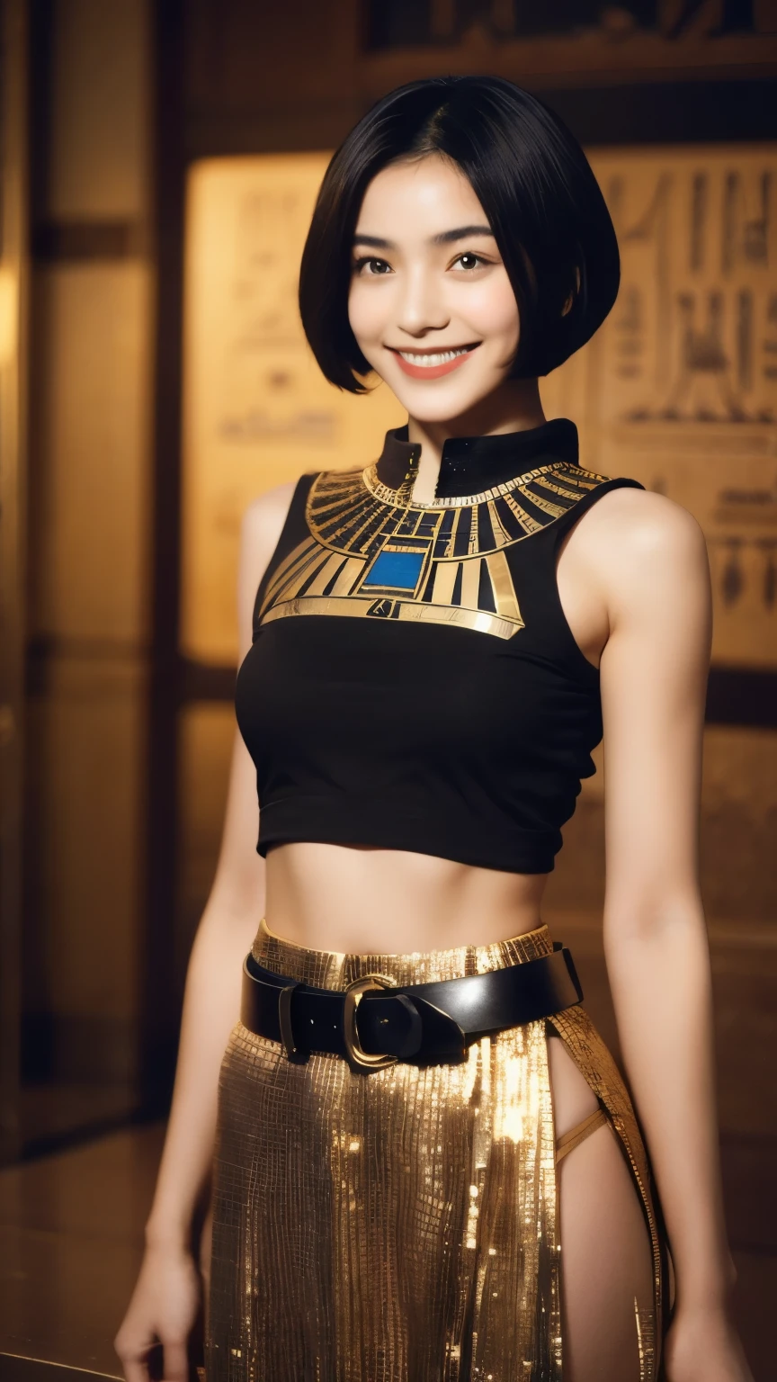 243 20-year-old female, short hair,kind, lipstick, Egyptian civilization, Belt on waist, hieroglyph, smile