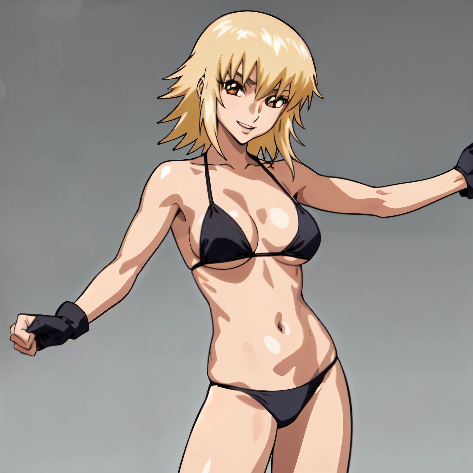 masterpiece, cowboy shot, 4K, Best Quality, Anime style: 1.9, best illustration, (official art, very warm colors), bold drawing lines, 1girl, cagalli, adult woman, tall woman, perfect proportions, ultra detailed head, ultra detailed body, big brown eyes, happy, blonde hair, ultra detailed streaks, official art, brown eyes, black bikini, smile, closed mouth, solo, looking at viewer, long belly, ultra detailed belly, medium breasts, cleavage, groin, standing, (simple white background only, simple white background only), black fingerless gloves, closed fists, strong arms