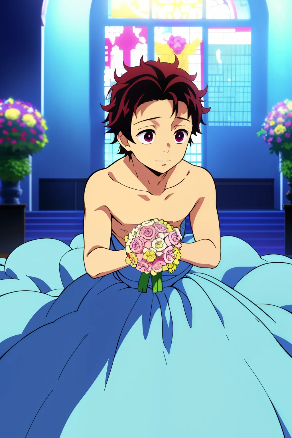Anime style, Highres, Masterpiece, Best quality at best,High-quality illustrations, Best Quality,hight quality, hight detailed, Depth field, Anime screencap style, 1boy,Little Boy, Shota, Solo person, Inside a church, Style of wedd00ing, Strapless dress, Bare shoulder, Transparent veil covering head, Flowers on head, Fluffy hair, Handsome boy, Cheerful boy, Body, Seen from front, boy focus, Uhd, 4k