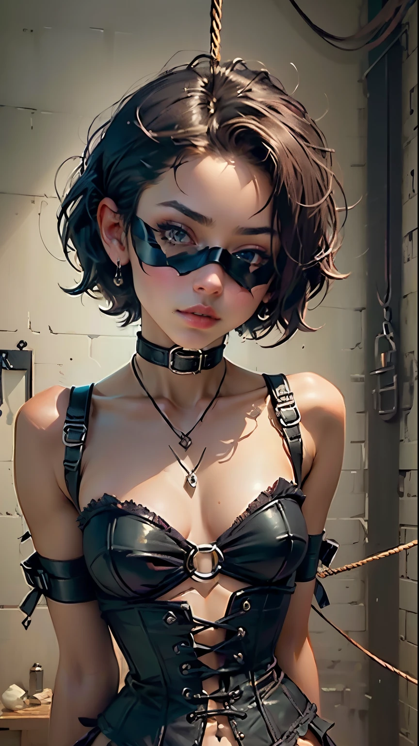 (Best Quality, Masterpiece: 1.1), (Fidelity: 1.4), 1 Girl, Upper Body, Very Short Hair, Studio, BDSM, slave, Black Corset, Bondage, Slave Collar, Slave, Panties, Woman Tied With Rope, Blindfold, Handcuffs, Bondage, BDSM, Bound