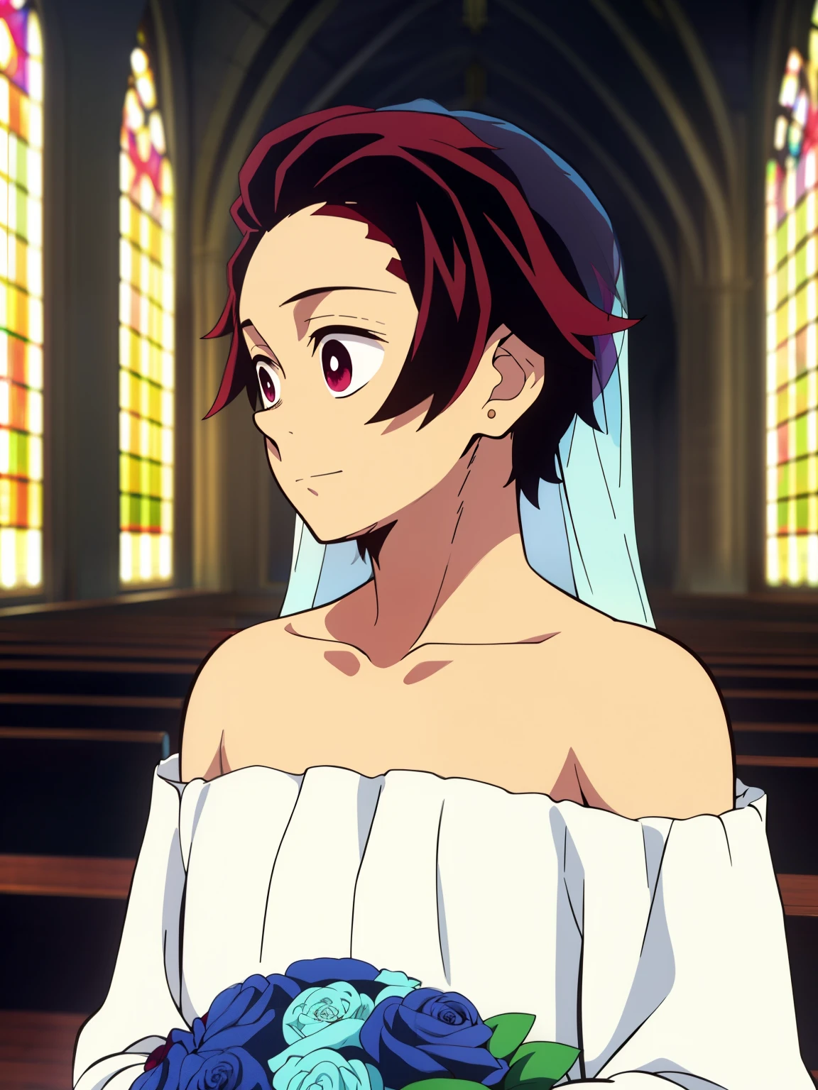 Anime style, Highres, Masterpiece, Best quality at best,High-quality illustrations, Best Quality,hight quality, hight detailed, Depth field, Anime screencap style, 1boy, Boy, Shota, Solo person, Tanjiro, red hair, Inside a church, Style of wedd00ing, Strapless dress, Bare shoulder, Transparent veil covering head, Flowers on head, Fluffy hair, Handsome boy, Cheerful boy, Body, Seen from front, boy focus, Uhd, 4k