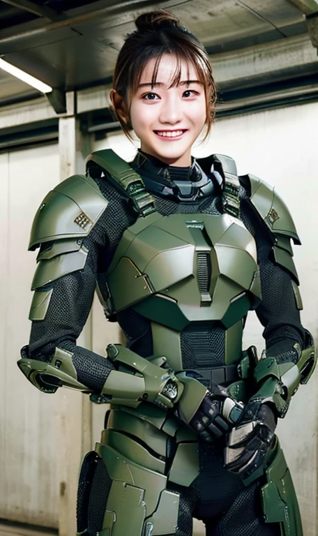 18-year-old、Textured skin, Super detailed, Attention to detail, high quality, 最high quality, High resolution, 1080p, hard disk, beautiful,(War Machine),beautifulサイボーグ女性,Dark Green Mecha Cyborg Girl,Battle Mode,Girl with a mechanical body,She is wearing a futuristic combat weapon mecha、Very short hair、Brown eyes、Sweaty、Cute Smile、