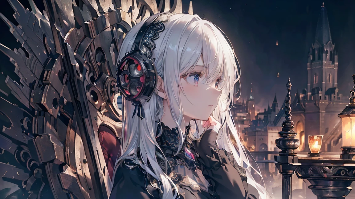 High resolution RAW color art, animation,Sculpture, Silver Marble Skin, (((Highly detailed elegant))), Magical atmosphere, (Detailed skin, texture (Exquisitely crafted, The finer details, Ultra-detailed), Crimson moonlight, Depth of written boundary, Bokeh, Silky Touch, Beautiful Eyes, (Castle of Darkness, Gears background with gears lined up), Hyper Detail, Matte Drawing, profile