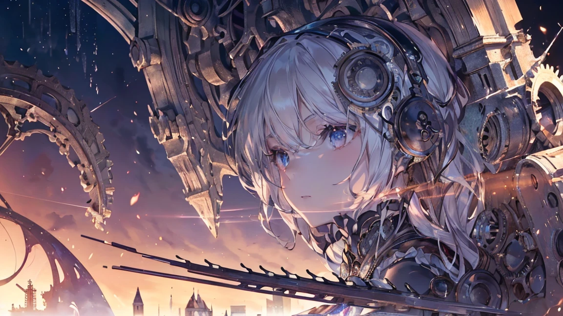High resolution RAW color art, animation,Sculpture, Silver Marble Skin, (((Highly detailed elegant))), Magical atmosphere, (Detailed skin, texture (Exquisitely crafted, The finer details, Ultra-detailed), Crimson moonlight, Depth of written boundary, Bokeh, Silky Touch, Beautiful Eyes, (Castle of Darkness, Gears background with gears lined up), Hyper Detail, Matte Drawing, profile