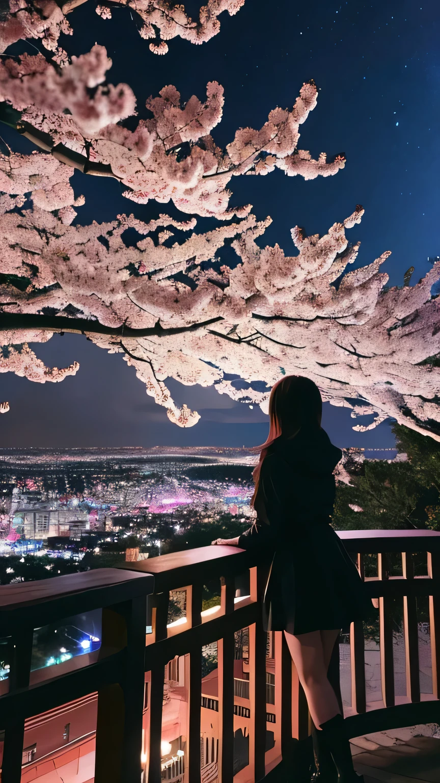 A girl is standing、silhouette， Rear View，Space Sky, milky way, Anime Style, cherry blossoms，夜cherry blossoms，Cherry blossoms fluttering all around，Night view of the city from the mountainside，