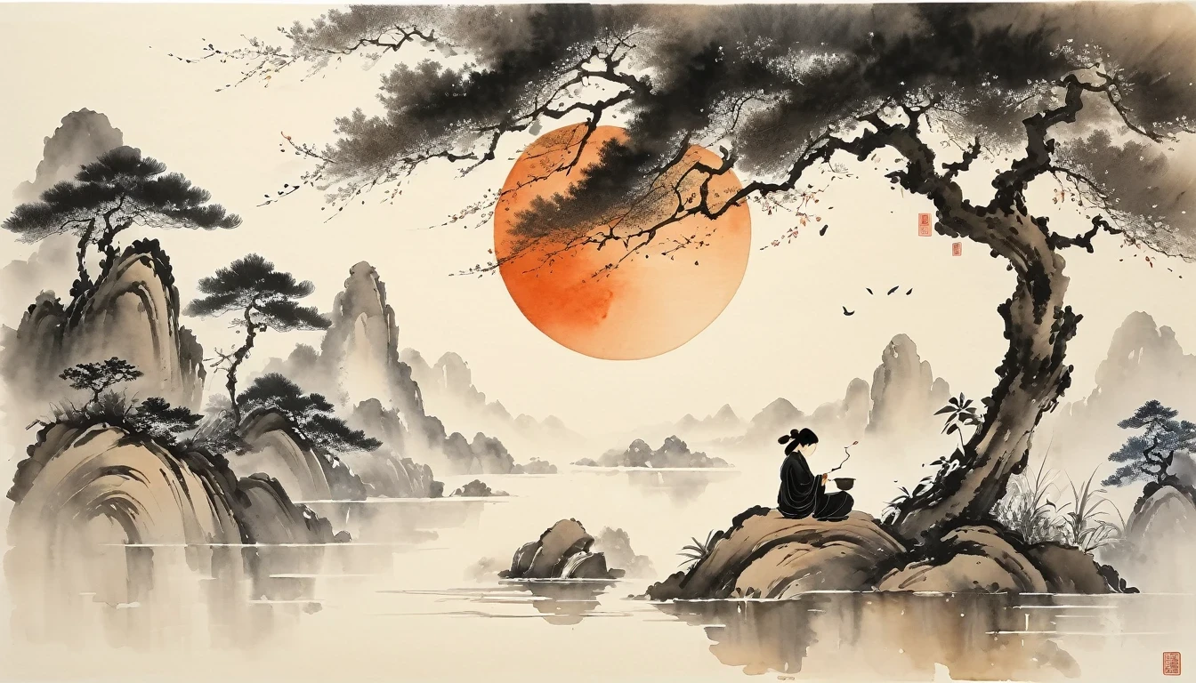 (Leave a lot of white:1.5),white, White background, simple, Minimalism, abstract,Freehand,Aesthetic,Tai Chi,Gossip,Black and white,Taoist style,Ink Painting,antiquity,Lotus,Girl drinking tea,Ink Painting and Watercolor,Drawing on rice paper,Use thick and bright inks to create light and dark variations and gradations,Choose the right ink color,Such as deep black、Thick gray、Light coffee, ETC,express different situations oned atmospheres,Control the gradient oned tronesition of ink colors through the humidity oned consistency of the ink,,black oned white tones, Chinese traditional ink painting, Traditional Chinese Art, author:Guo Xi, author:Ma Yuoneyu, traditional Chinese painting, author:Xu Xi, author:Luo Mu, author:Yoneg Buzhi, author:Li Kelone, author:wisdom'one, Ink Painting ) ) ) ), Chinese ink painting, Traditional Chinese painting style