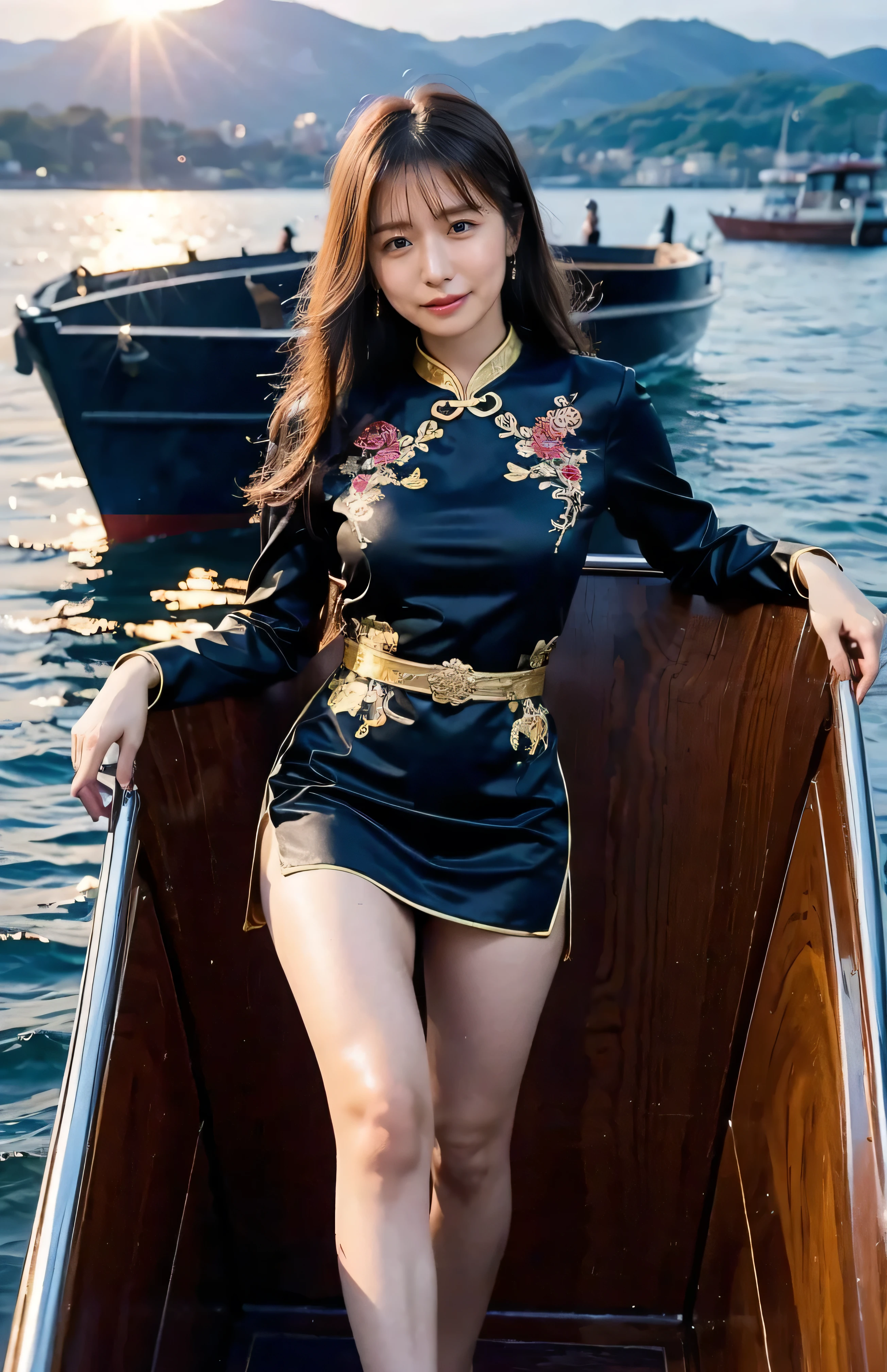 The sky turns red、China at night、Elegant Chinese dress、((hair ornaments:1.5)).A gorgeous gold embroidered Chinese dress、hair ornaments、Tie your hair elegantly、Gorgeous silk cheongsam、((Standing on a boat and posing sexy、Luxurious and shiny black Chinese dress with embroidered long skirt:1.4)).A luxurious and shiny silk cheongsam、Luxurious black cheongsam with embroidery、Woman standing on a boat、Light brown hair、Elegant hairstyle、Blue Eyed Woman、A woman with a cute upward gaze、When the sky gets dark、The gentle light of the ship shines、The sky turns red as the sun sets、Tight clothing that shows your body lines、、Elegant navy blue summer knit、Elegant black summer sweater、Short skirt、Dress elegantly着こなす、Luxury Bagedium Shorthair:1.4））、Skyscrapers seen across the sea、Manhattan 私sland is visible offshore、Woman on a sightseeing boat、、The sun shines on her、Light brown hair、Light brown hair、The sky was dyed red、There are clouds、private's cute、An elegantly dressed woman is sitting on a boat and watching the sunset、Her ample breasts are obvious even through her clothes..、The shining sun is so beautiful、Dusk is approaching、Lens flare、I can see the sunset、（（Sunlight reflecting off the ocean、Ocean View、The sun shines on the sea、&#39;beautiful.、Small earrings、private&#39;evening、Birds are also flying、、Brown Hair Color、Tying up hair、The woman is on the right:1.4））、Luxury Leather Belts、Shiny clothes、Light beige hair color、Background Blur、Braid only the front hair、Light brown hair、｛｛Cowgirl Shot｝｝、（（Close-up shot from the waist up、Ample breasts:1.4））、Smile、Silk clothing、Ample breasts that can be seen even through clothes、Braid only the front hair、Cowboy Shot、Gorgeous white collared silk shirt and brown skirt、Dress elegantly、Luxury Bags、A lovely smile、（（Ample breasts））、Full body photo、ring、Short skirt、Tuck your hair behind one ear、Silver Necklace、smile、 Elegant ponytail、Caustics、Highly detailed photos、Very beautiful and ideal short hair、Super no makeup、(8k、RAW Photos、highest quality、masterpiece:1.2)、(Realistic、Realistic)、1 girl、((Medium Short Hair、Looking into the camera:1.4))、Hair blowing in the wind
