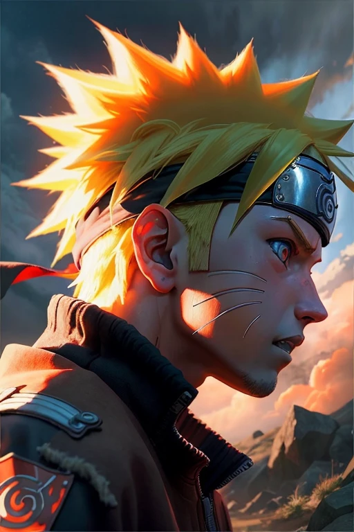 Photorealistic,Naruto,One boy, lightning, Brave, Clench your teeth, Fiery red eyes, Burning Eyes、engulfed in blazing flames、profile、Looking to the side