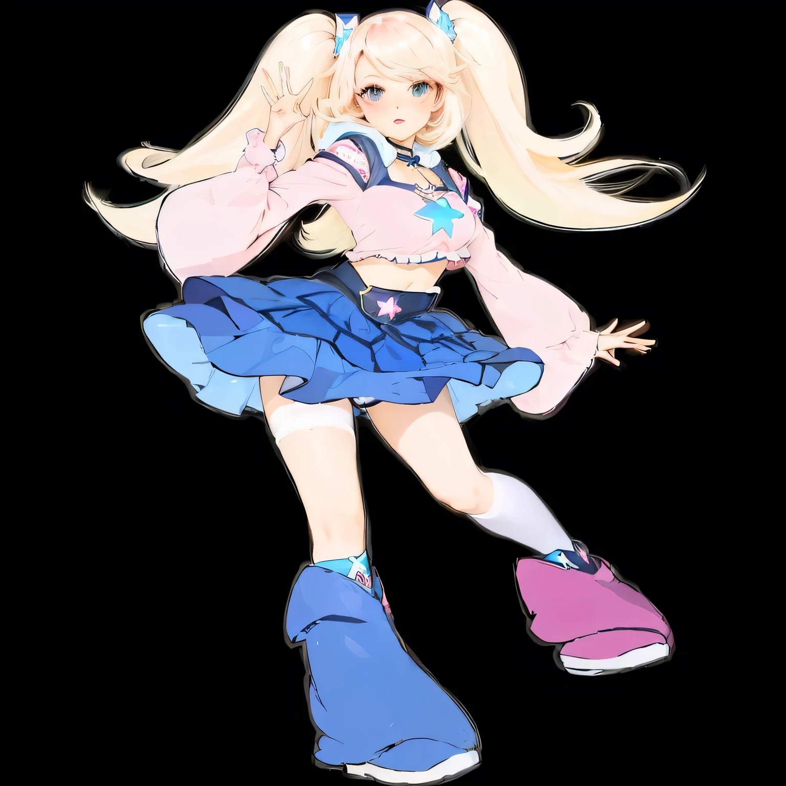 Cartoon girl in blue skirt and pink shoes, Star Butterfly, magical girl style, Princess「Quetta」Quetta Gash, Humanoid pink female squid girl, anime girl named lucy, !!Full body portrait!!, lucky star, Headquarters Artwork, Lolita in a skirt, Suitable for whole body, she has light blue skin!!!, Anime Barbie looks refreshing in white stockings