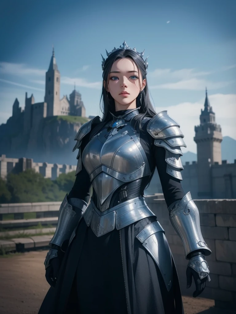 masterpiece, best quality, high resolution, 8K, portrait, realistic photo,( Combination of Korean fashion design and clothes),digital photography, whole body, 1 16-year-old girl, (cyborg), Beautiful blue gray gradient long hair, blue eyes, convoluted, elegant, very detailed, The Wicked Crown, black dress, ,silver metal exoskeleton armor, Complex knight's hollow armor,Power Armor, cutout design, machine structure, Photo Pose, solemn,, red lips, From the movie Kingsglaive Final Fantasy XV.Metal texture, OC rendering,reflective texture, ((clothing tailoring)), ((There is a castle and a huge Moster in the background.))