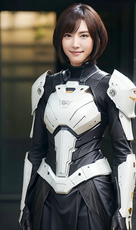 18-year-old、Skinny body、Textured skin, Super detailed, Attention to detail, high quality, 最high quality, High resolution, 1080p, hard disk, beautiful,(War Machine),beautifulサイボーグ女性,Dark Green Mecha Cyborg Girl,Battle Mode,Girl with a mechanical body,She is wearing a futuristic combat weapon mecha、Very short hair、Brown eyes、Sweaty、Cute Smile、