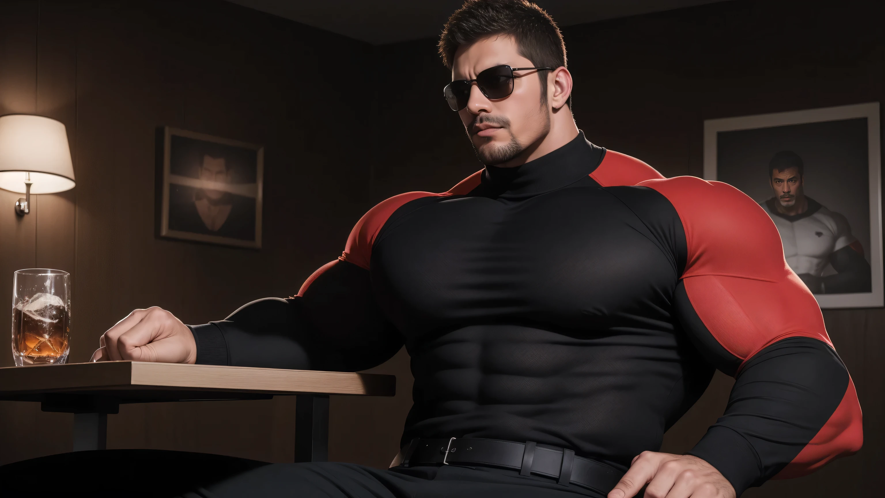 A strong muscular man sitting at the table，Using laptop, Only One，Chris Redfield（Chris Redfield），Wear sunglasses，Very handsome，Wear a long-sleeved red and black collar tights, Thickened warm elastic texture，The expression is arrogant, High collar long sleeve red and black turtleneck tights, very tight, Regular symmetrical pattern, Highlight muscles, Police uniform pants, Thick thighs，A proud expression, Deep and charming eyes, Heroic male pose, tall Burly, muscular！muscular thighs, tough guy, perfect facial features, High, Burly, Heqiang, Super polished and cool, High Resolution Committee, Charismatic, The sun shines through the customers