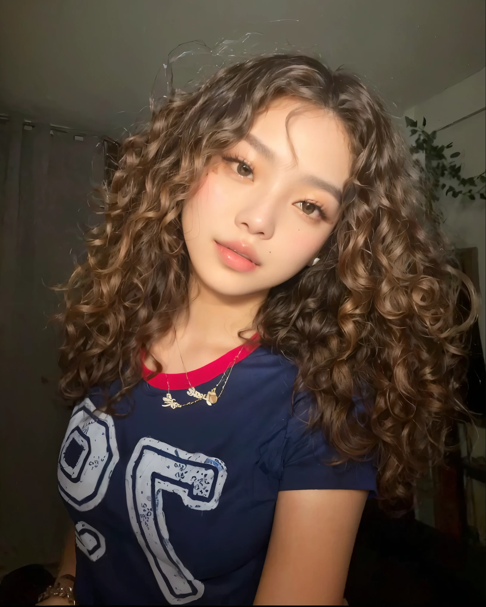 arafed woman with curly hair and a blue shirt posing for a picture, brown curly hair, curly brown hair, long brown puffy curly hair, curly middle part haircut, curly haired, curly, curly hair, curls hair, with long curly hair, with a curly perm, curls on top, curly dark hair, long curly brown hair, her face framed with curls , blackpink jennie , blackpink Lisa , asian famale face , cute girl , Korean famale