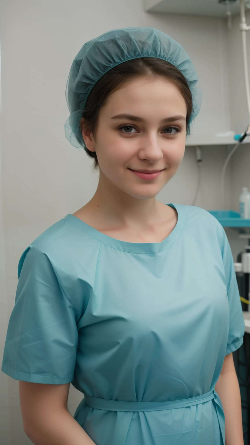 A Realistic Portrait, of a russian teenager girl, pediatric patient ,15 years old,, Beautiful, detailed face, detailed eyes, (realistic skin:1.3), (pale skin:1.1), (textured skin:1.3), (()), big smile, (iphone photograph), ), (artificial lighting:1.3), looking at the camera, , amateur Photography, Photorealistic, Detailed, analog, poor quality, standing in medical change room, beautiful face, big eyes, big smile, detailed face, wears teal nylon patient gown with , putting long patient gown on, back-tied patient gown,, high closed crew-neck, bokeh, all wearing large teal nylon bouffant cap , , large surgical bouffant cap covering hair and ears, ultra-short hair fully covered by nylon shower cap, no hair tails, standing in hospital room