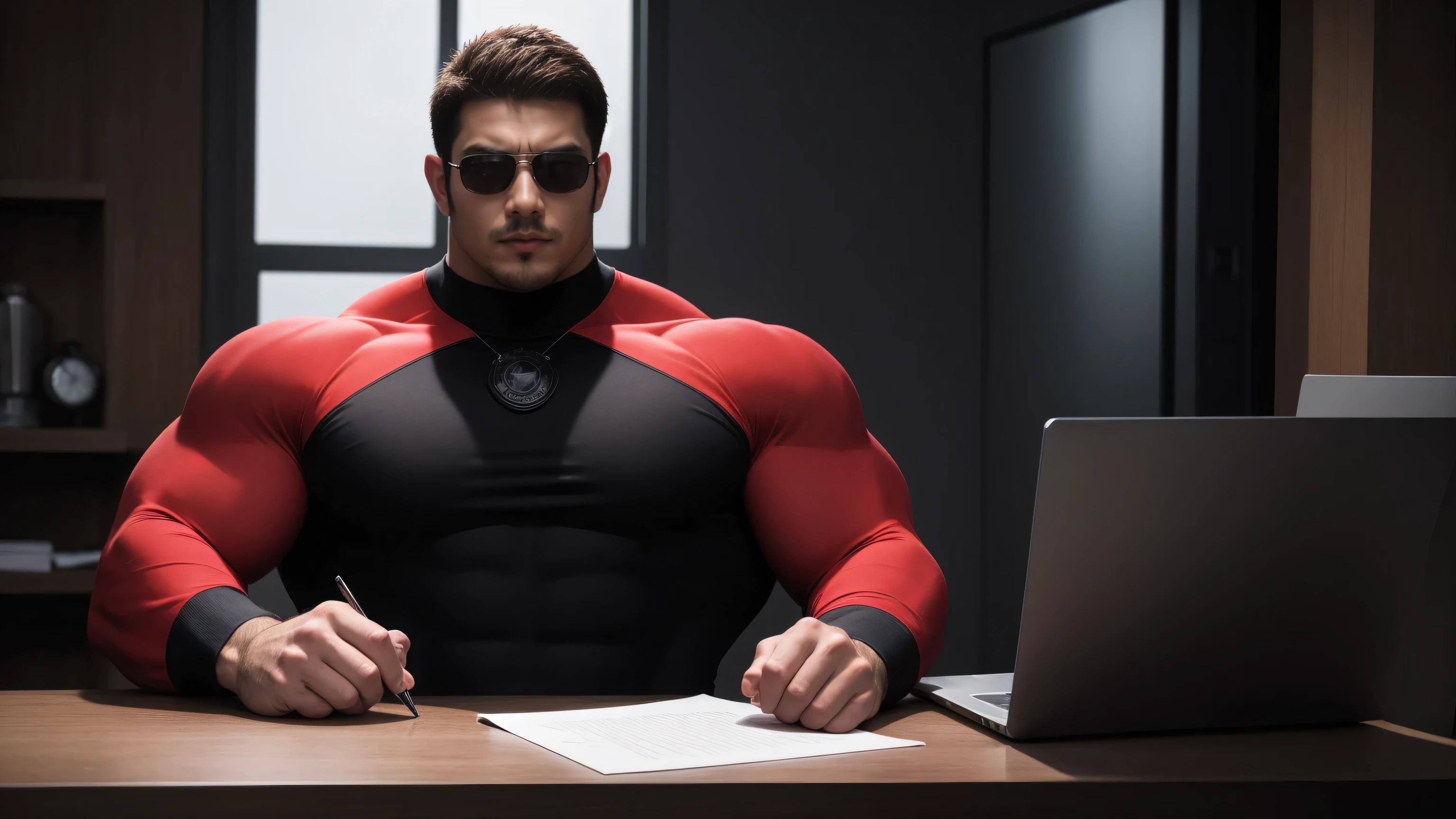 A strong muscular man sitting at the table,Using laptop, Only One,Chris Redfield(Chris Redfield),Wear sunglasses,Very handsome,Wear a long-sleeved red and black collar tights, Thickened warm elastic texture,The expression is arrogant, High collar long sleeve red and black turtleneck tights, very tight, Regular symmetrical pattern, Highlight muscles, Police uniform pants, Thick thighs,A proud expression, Deep and charming eyes, Heroic male pose, tall Burly, muscular!muscular thighs, tough guy, perfect facial features, High, Burly, Heqiang, Super polished and cool, High Resolution Committee, Charismatic, The sun shines through the customers