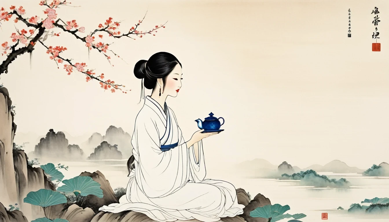 (Leave a lot of white:1.5)，white, White background, simple, Minimalism, abstract,Freehand，Aesthetic，Tai Chi，Gossip，Black and white，Taoist style，Ink Painting，antiquity，Lotus，Girl drinking tea， Chinese traditional ink painting, Traditional Chinese Art, author：Guo Xi, author：Ma Yuoneyu, traditional Chinese painting, author：Xu Xi, author：Luo Mu, author：Yoneg Buzhi, author：Li Kelone, author：wisdom&#39;one, Ink Painting ) ) ) ), Chinese ink painting, Traditional Chinese painting style