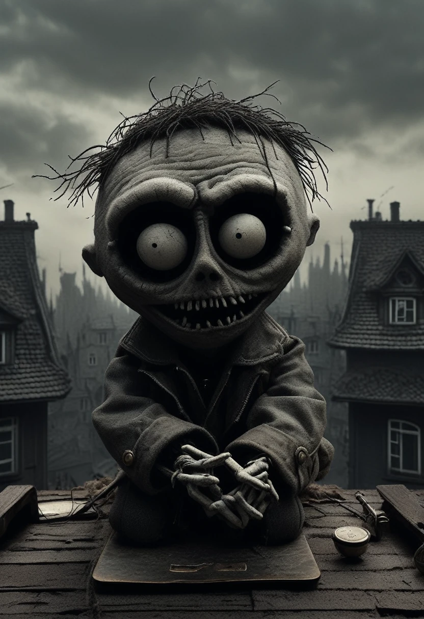 Fairy tale puppet cartoon character carlson who lives on the roof. completely darkened room, grainy, eerie setting, dark white tone. creepypasta - a rapper's view from the shadows. style by charlie bowett, albert joseph penaud, dariusz zawadzki. tetsuya ishida. zdzislaw beksinski. patrizia piccinini. mark powell. sven 37.
