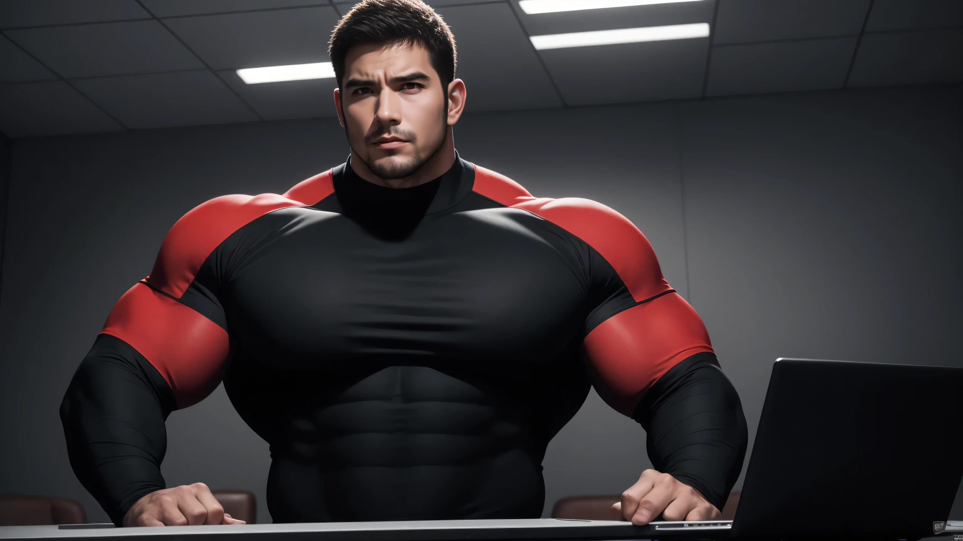 A strong muscular man sitting at the table,Using laptop, Only One,Chris Redfield(Chris Redfield),Wear sunglasses,Very handsome,Wear a long-sleeved red and black collar tights, Thickened warm elastic texture,The expression is arrogant, High collar long sleeve red and black turtleneck tights, very tight, Regular symmetrical pattern, Highlight muscles, Police uniform pants, Thick thighs,A proud expression, Deep and charming eyes, Heroic male pose, tall Burly, muscular!muscular thighs, tough guy, perfect facial features, High, Burly, Heqiang, Super polished and cool, High Resolution Committee, Charismatic, The sun shines through the customers