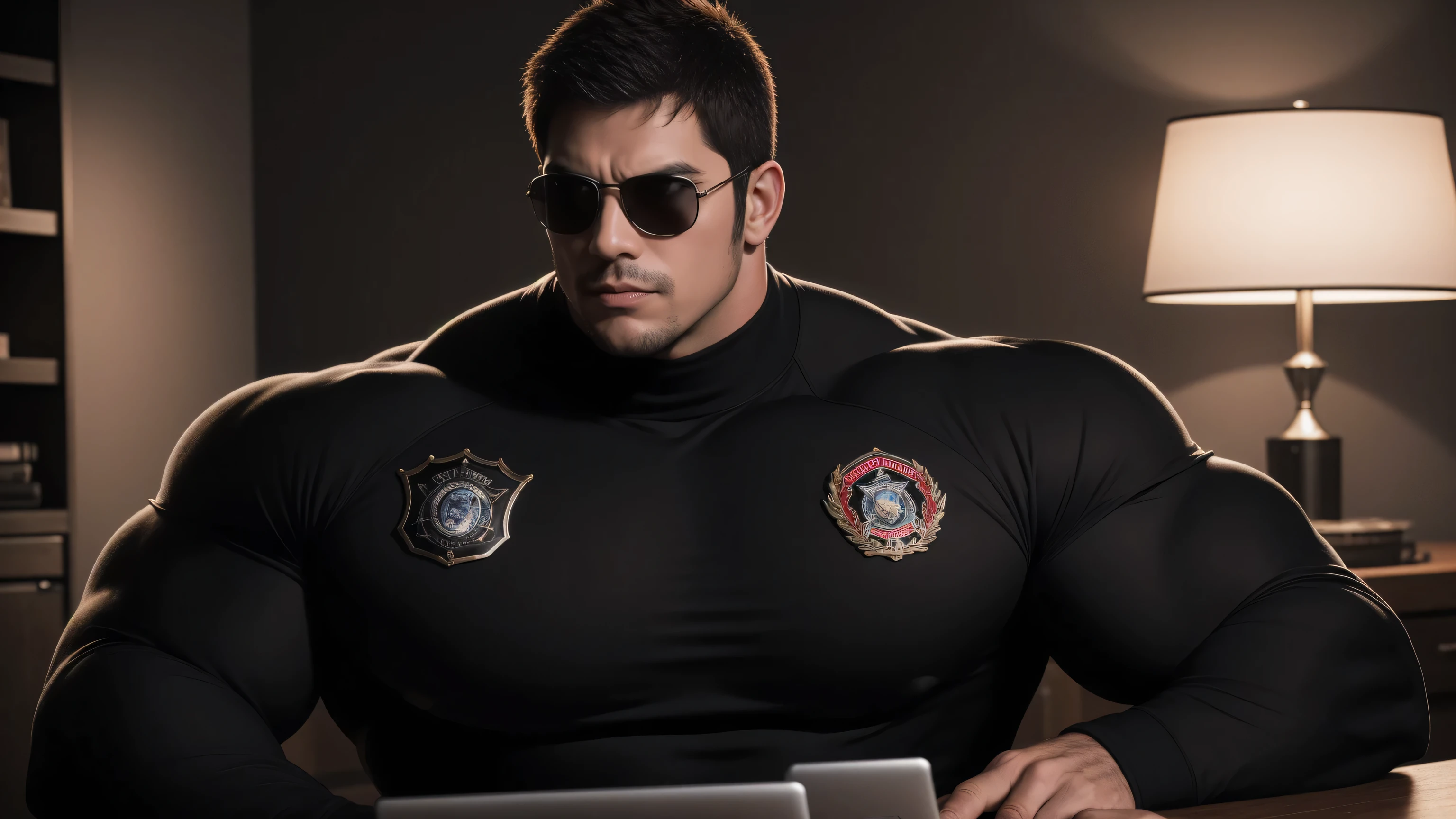 A strong muscular man sitting at the table，Using laptop, Only One，Chris Redfield（Chris Redfield），Wear sunglasses，Very handsome，Wear a long-sleeved red and black collar tights, Thickened warm elastic texture，The expression is arrogant, High collar long sleeve red and black turtleneck tights, very tight, Regular symmetrical pattern, Highlight muscles, Police uniform pants, Thick thighs，A proud expression, Deep and charming eyes, Heroic male pose, tall Burly, muscular！muscular thighs, tough guy, perfect facial features, High, Burly, Heqiang, Super polished and cool, High Resolution Committee, Charismatic, The sun shines through the customers