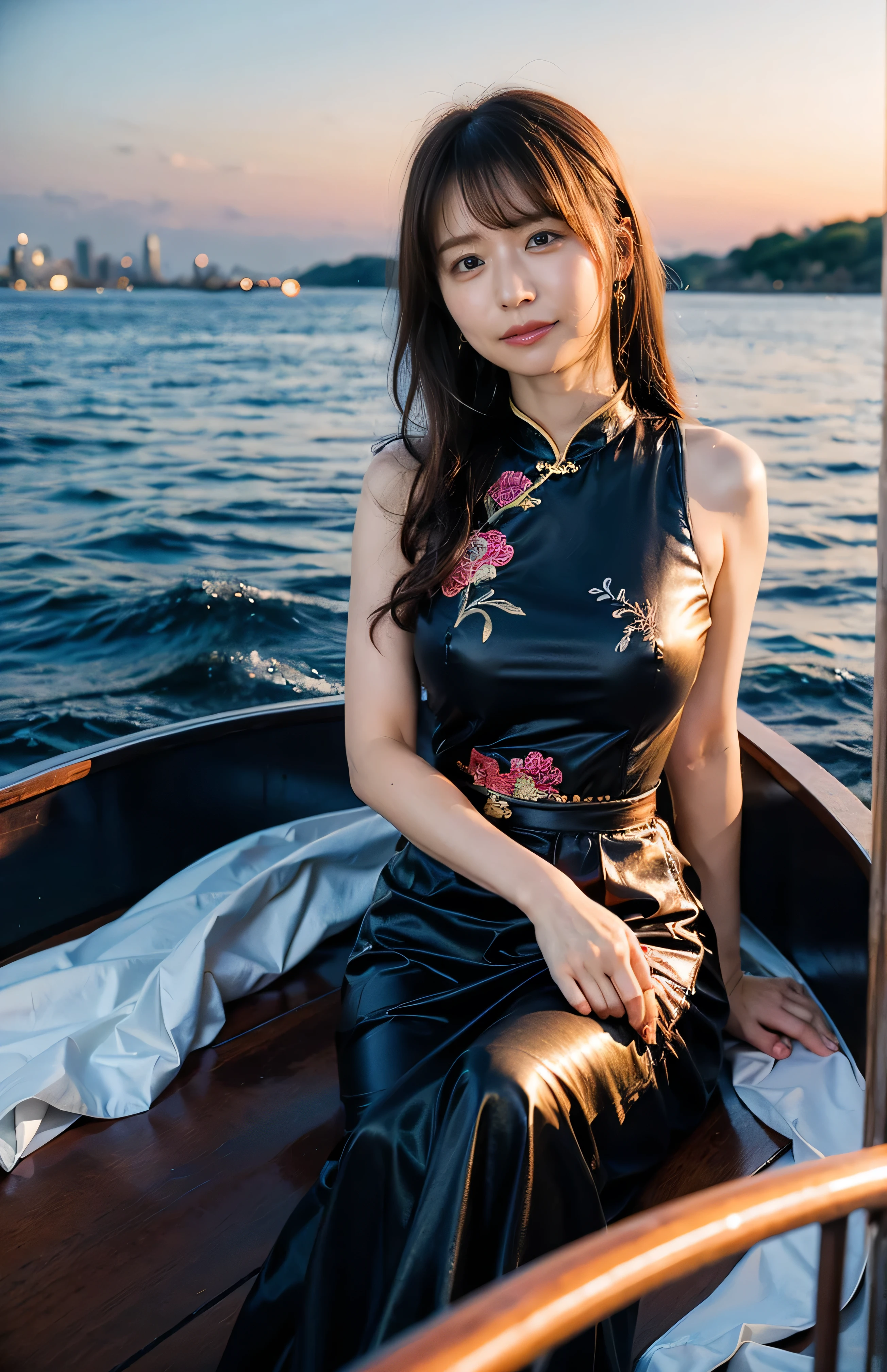 The sky turns red、China at night、((hair ornaments:1.5)).A gorgeous gold embroidered Chinese dress、hair ornaments、Tie your hair elegantly、Gorgeous silk cheongsam、((Standing on a boat and posing sexy、Luxurious and shiny black Chinese dress with embroidered long skirt:1.4)).A luxurious and shiny silk cheongsam、Luxurious black cheongsam with embroidery、Woman standing on a boat、Light brown hair、Elegant hairstyle、Blue Eyed Woman、A woman with a cute upward gaze、When the sky gets dark、The gentle light of the ship shines、The sky turns red as the sun sets、Tight clothing that shows your body lines、、Elegant navy blue summer knit、Elegant black summer sweater、Short skirt、Dress elegantly着こなす、Luxury Bagedium Shorthair:1.4))、Skyscrapers seen across the sea、Manhattan 私sland is visible offshore、Woman on a sightseeing boat、、The sun shines on her、Light brown hair、Light brown hair、The sky was dyed red、There are clouds、private's cute、An elegantly dressed woman is sitting on a boat and watching the sunset、Her ample breasts are obvious even through her clothes..、The shining sun is so beautiful、Dusk is approaching、Lens flare、I can see the sunset、((Sunlight reflecting off the ocean、Ocean View、The sun shines on the sea、'beautiful.、Small earrings、private'evening、Birds are also flying、、Brown Hair Color、Tying up hair、The woman is on the right:1.4))、Luxury Leather Belts、Shiny clothes、Light beige hair color、Background Blur、Braid only the front hair、Light brown hair、{{Cowgirl Shot}}、((Close-up shot from the waist up、Ample breasts:1.4))、Smile、Silk clothing、Ample breasts that can be seen even through clothes、Braid only the front hair、Cowboy Shot、Gorgeous white collared silk shirt and brown skirt、Dress elegantly、Luxury Bags、A lovely smile、((Ample breasts))、Full body photo、ring、Short skirt、Tuck your hair behind one ear、Silver Necklace、smile、 Elegant ponytail、Caustics、Highly detailed photos、Very beautiful and ideal short hair、Super no makeup、(8k、RAW Photos、highest quality、masterpiece:1.2)、(Realistic、Realistic)、1 girl、((Medium Short Hair、Looking into the camera:1.4))、Hair blowing in the wind