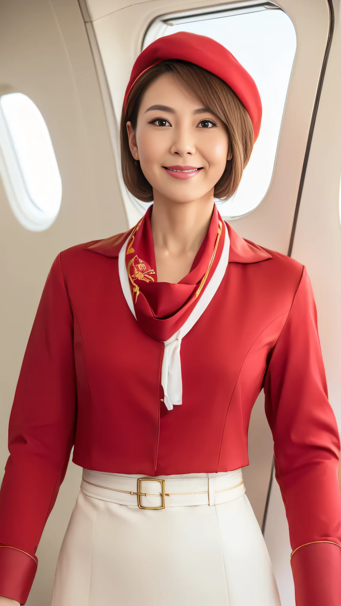 (8k, best quality, masterpiece, golden ratio composition,:1.3), (Zoom out shot:1.2), (A beautiful Japanese mature woman dressed in a classic flight attendant uniform, fitted red jacket, white blouse, red neck scarf, ,very small and short neck scarf, small red hat ,light makeup, smile:1.4), (huge breasts), standing in an airplane cabin