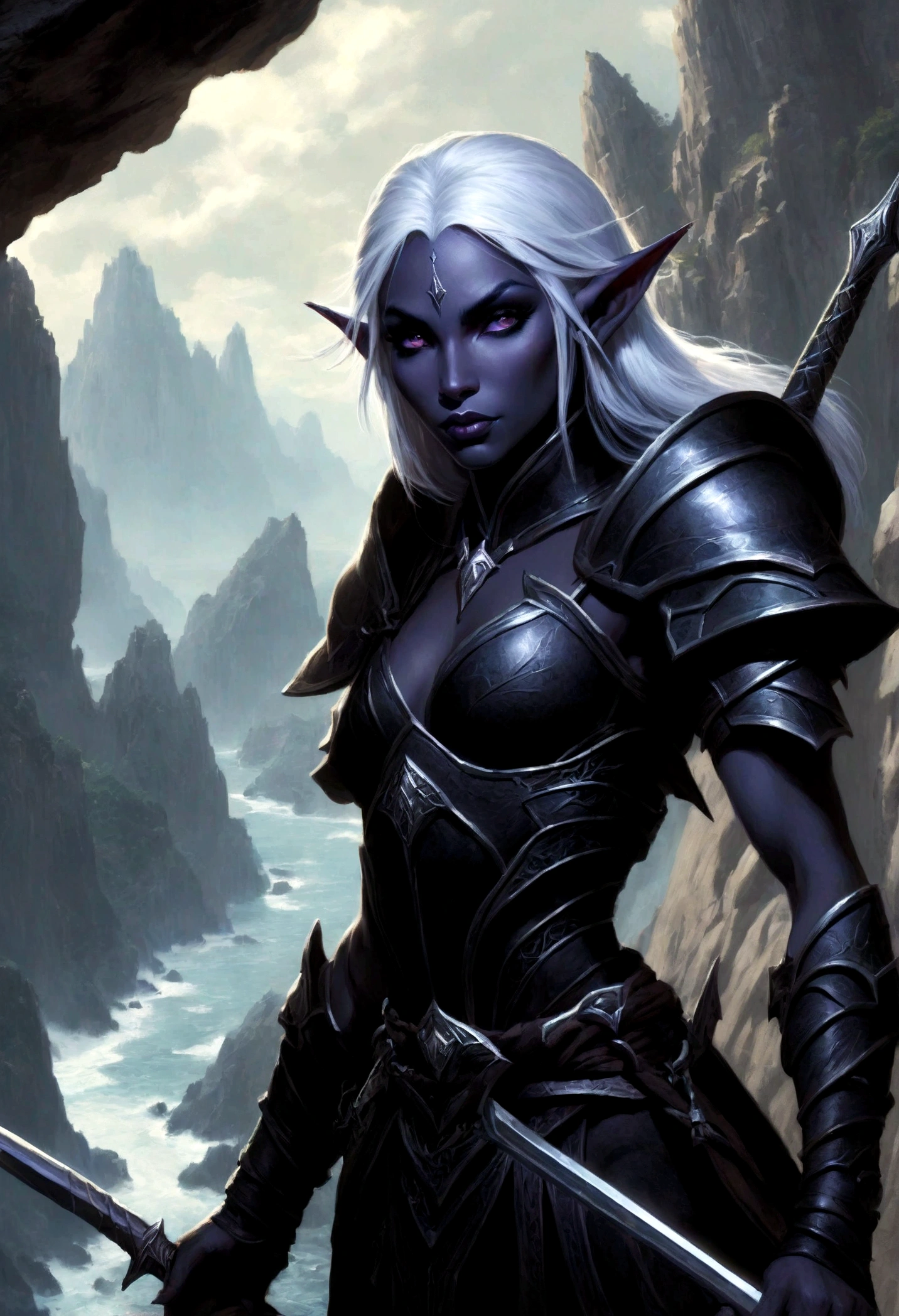 Close-up of a man holding a sword near the rocks,climb岩,climb, Noah Bradley (Noah Bradley) Inspiring Portraits, cg social hot spots, Fantasy Art, Drow, Drow ranger, female Drow elf, perfect Drow, handsome Drow, Dark Elves maiden, Dark Elves, Portrait of Drizzt Durden, male Drow, Dark Elves princess