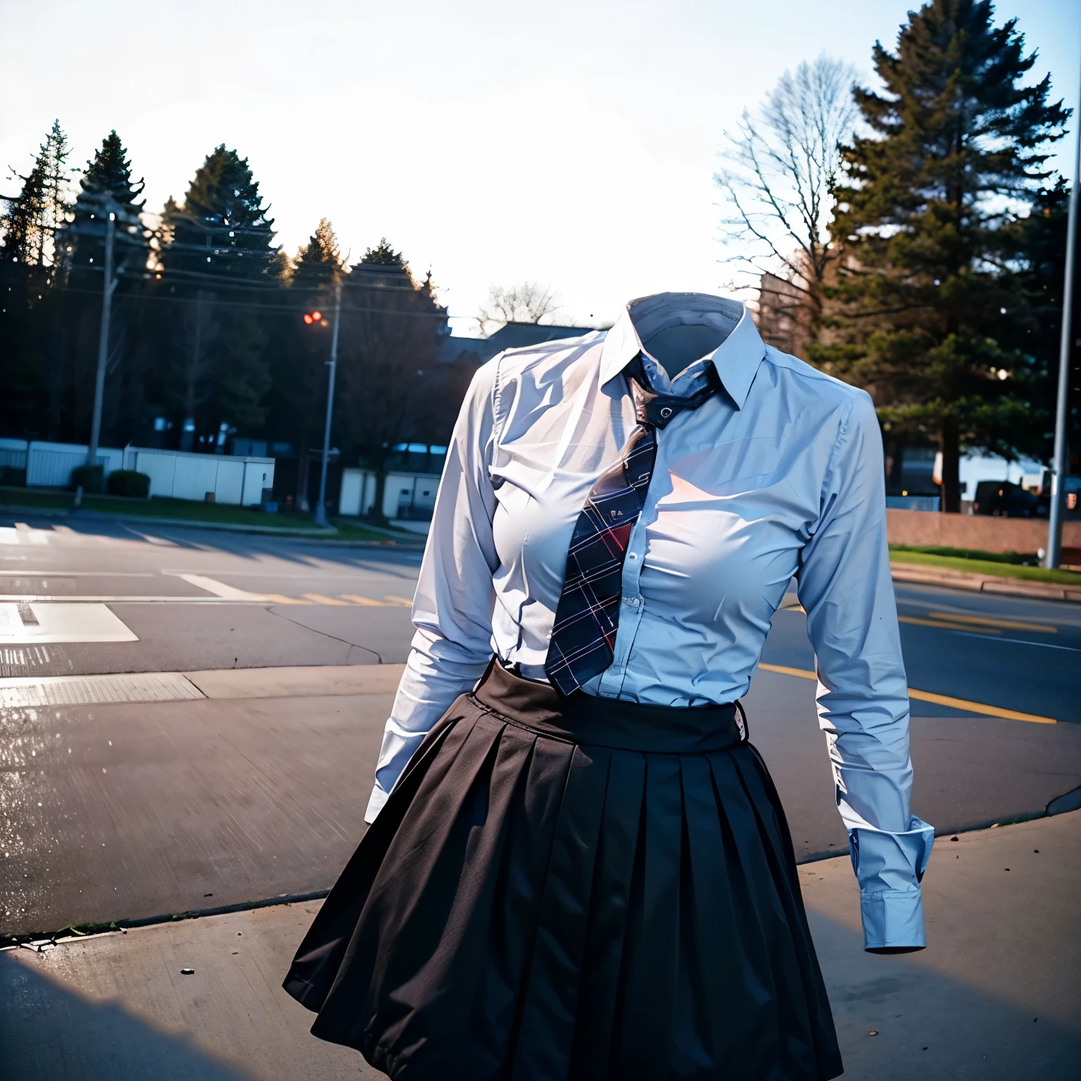 school blouse, plaid skirt, stripe tie on neck, black leggings, cute big breasts, (invisible, no human, headless, handless:1.5), (8k, RAW photo, best quality, masterpiece:1.2), (realistic, photo-realistic:1.37), photon mapping, radiosity, ((Hasselblad photography)), physically-based rendering