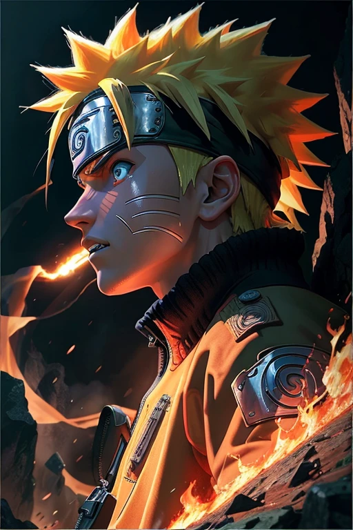 Photorealistic,Naruto,One boy, lightning, Brave, Clench your teeth, Fiery red eyes, Burning Eyes、engulfed in blazing flames、profile、Look at me and glare.、rasengan
