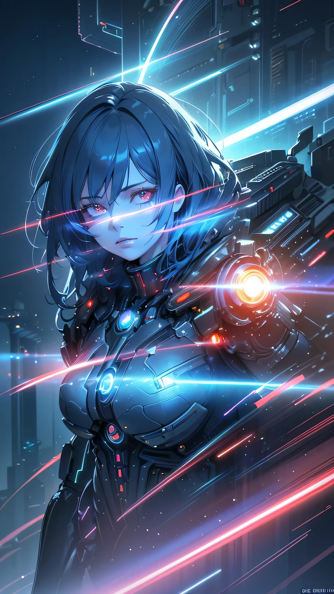 a beautiful mechanical girl, blue hair, red eyes, electricity overflowing, exquisite, exposed wiring, (best quality,4k,8k,highres,masterpiece:1.2),ultra-detailed,(realistic,photorealistic,photo-realistic:1.37),cinematic, digital art, sci-fi, futuristic, intricate details, complex machinery, glowing energy, dramatic lighting, vibrant colors, neon lights