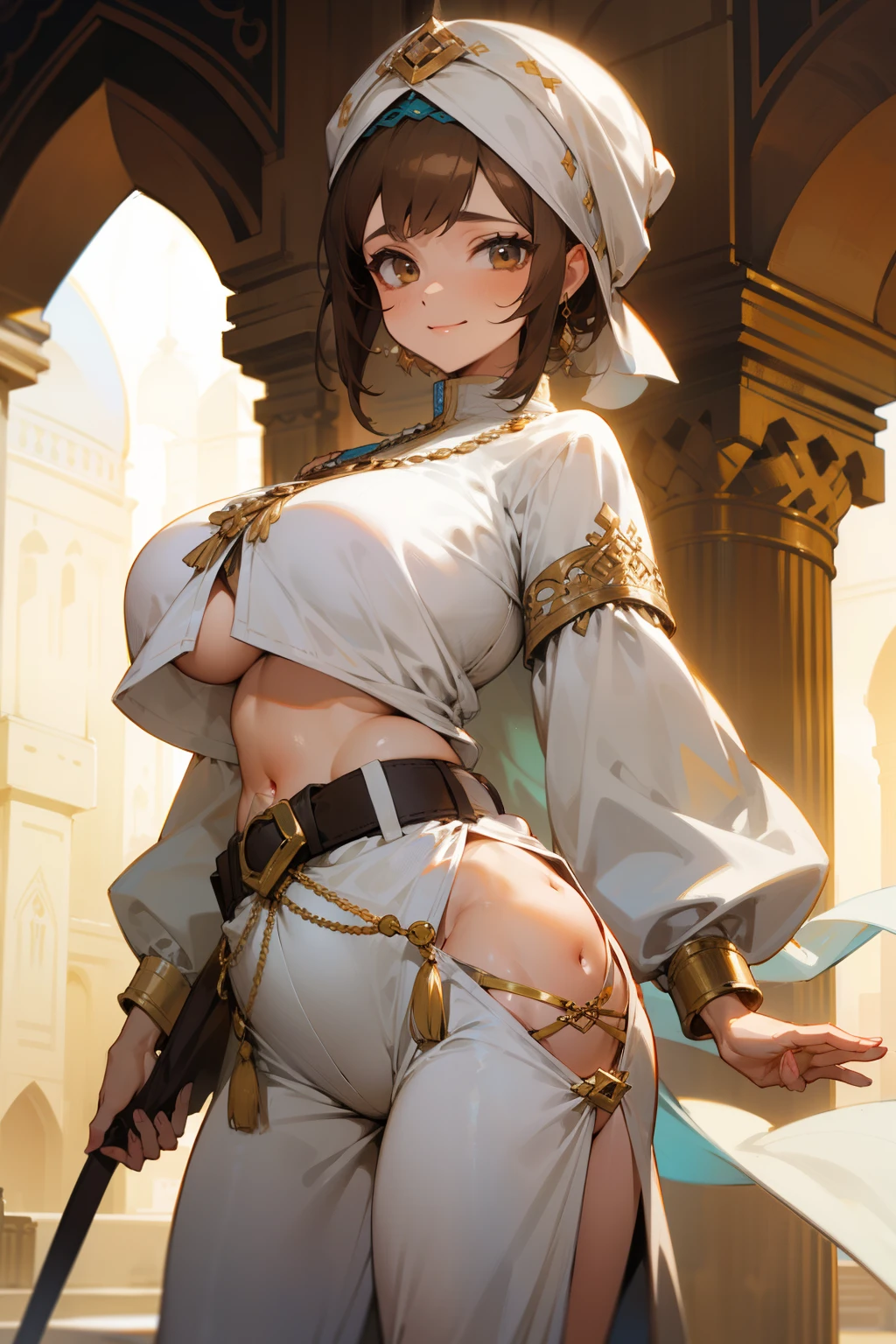 Girl, white turban, belt, loose pants, old Arabic clothes, big tits, exposed belly, light brown eyes, evil smile, short brown hair