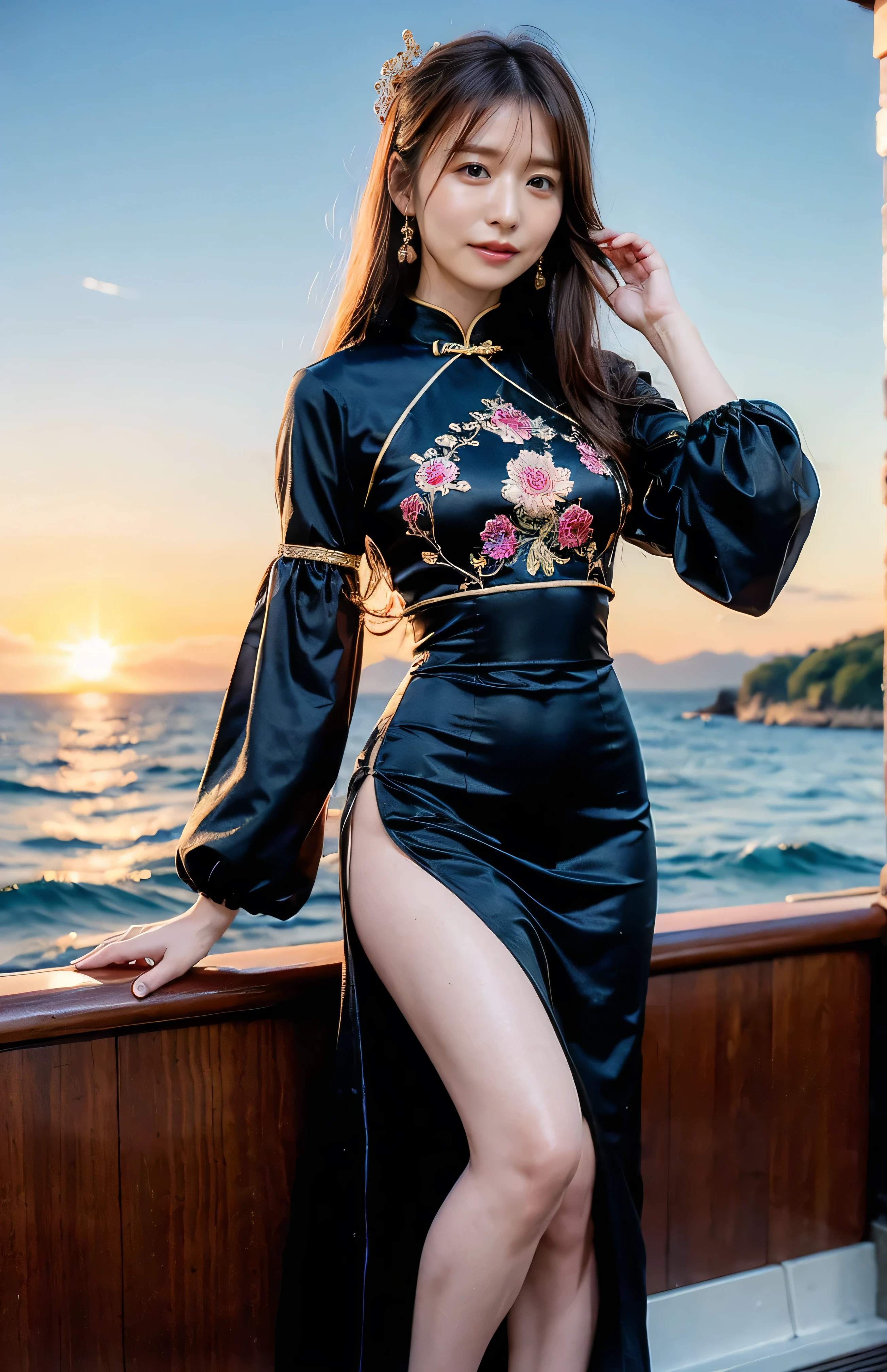 The sky turns red、((hair ornaments:1.5)).A gorgeous gold embroidered Chinese dress、hair ornaments、Tie your hair elegantly、Gorgeous silk cheongsam、((Standing on a boat and posing sexy、Luxurious and shiny wine red Chinese dress with embroidered long skirt:1.4)).A luxurious and shiny silk cheongsam、A luxurious navy blue cheongsam with embroidery、Woman standing on a boat、Light brown hair、Elegant hairstyle、Blue Eyed Woman、A woman with a cute upward gaze、When the sky gets dark、The gentle light of the ship shines、The sky turns red as the sun sets、Tight clothing that shows your body lines、、Elegant navy blue summer knit、Elegant black summer sweater、Short skirt、Dress elegantly着こなす、Luxury Bagedium Shorthair:1.4))、Skyscrapers seen across the sea、Manhattan 私sland is visible offshore、Woman on a sightseeing boat、、The sun shines on her、Light brown hair、Light brown hair、The sky was dyed red、There are clouds、private's cute、An elegantly dressed woman is sitting on a boat and watching the sunset、Her ample breasts are obvious even through her clothes..、The shining sun is so beautiful、Dusk is approaching、Lens flare、I can see the sunset、((Sunlight reflecting off the ocean、Ocean View、The sun shines on the sea、'beautiful.、Small earrings、private'evening、Birds are also flying、、Brown Hair Color、Tying up hair、The woman is on the right:1.4))、Luxury Leather Belts、Shiny clothes、Light beige hair color、Background Blur、Braid only the front hair、Light brown hair、{{Cowgirl Shot}}、((Close-up shot from the waist up、Ample breasts:1.4))、Smile、Silk clothing、Ample breasts that can be seen even through clothes、Braid only the front hair、Cowboy Shot、Gorgeous white collared silk shirt and brown skirt、Dress elegantly、Luxury Bags、A lovely smile、((Ample breasts))、Full body photo、ring、Short skirt、Tuck your hair behind one ear、Silver Necklace、smile、 Elegant ponytail、Caustics、Highly detailed photos、Very beautiful and ideal short hair、Super no makeup、(8k、RAW Photos、highest quality、masterpiece:1.2)、(Realistic、Realistic)、1 girl、((Medium Short Hair、Looking into the camera:1.4))、Hair blowing in the wind