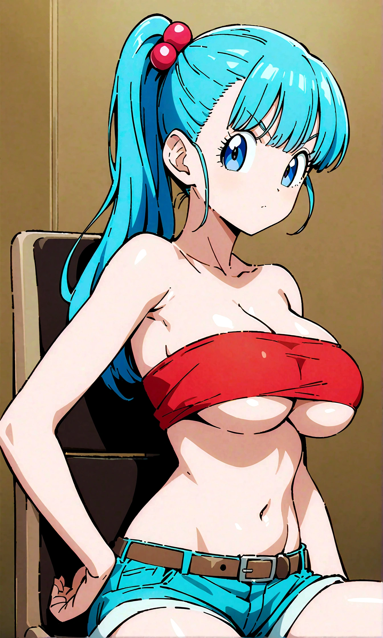  score_9, score_8_up, score_7_up, BREAK from side,upperbody,1girl,bulma, blue eyes, blue hair,bare shoulders, belt, cleavage, hair bobbles, hair ornament, hair over shoulder, (big breast),midriff, navel, one side up, red tube top, shorts, side ponytail, (strapless, tube top,under_boob:1.2),(sit on chair,hand on own hip),masterpiece, best quality,  detailed body, highly detailed, anime coloring.