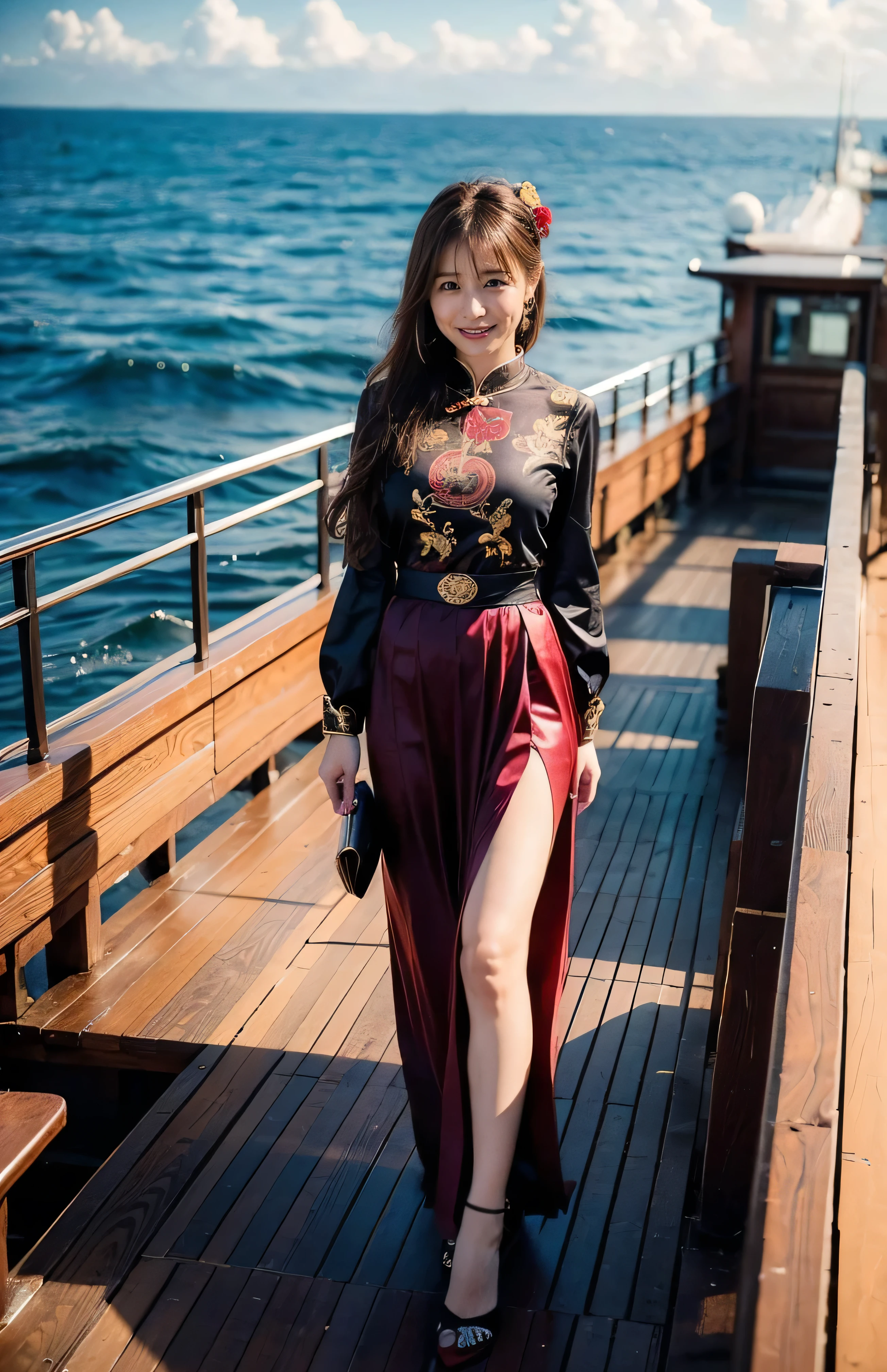 The sky turns red、China at night、((hair ornaments:1.5)).A gorgeous gold embroidered Chinese dress、hair ornaments、Tie your hair elegantly、Gorgeous silk cheongsam、((Standing on a boat and posing sexy、Luxurious and shiny black Chinese dress with embroidered long skirt:1.4)).A luxurious and shiny silk cheongsam、Luxurious black cheongsam with embroidery、Woman standing on a boat、Light brown hair、Elegant hairstyle、Blue Eyed Woman、A woman with a cute upward gaze、When the sky gets dark、The gentle light of the ship shines、The sky turns red as the sun sets、Tight clothing that shows your body lines、、Elegant navy blue summer knit、Elegant black summer sweater、Short skirt、Dress elegantly着こなす、Luxury Bagedium Shorthair:1.4))、Skyscrapers seen across the sea、Manhattan 私sland is visible offshore、Woman on a sightseeing boat、、The sun shines on her、Light brown hair、Light brown hair、The sky was dyed red、There are clouds、private's cute、An elegantly dressed woman is sitting on a boat and watching the sunset、Her ample breasts are obvious even through her clothes..、The shining sun is so beautiful、Dusk is approaching、Lens flare、I can see the sunset、((Sunlight reflecting off the ocean、Ocean View、The sun shines on the sea、'beautiful.、Small earrings、private'evening、Birds are also flying、、Brown Hair Color、Tying up hair、The woman is on the right:1.4))、Luxury Leather Belts、Shiny clothes、Light beige hair color、Background Blur、Braid only the front hair、Light brown hair、{{Cowgirl Shot}}、((Close-up shot from the waist up、Ample breasts:1.4))、Smile、Silk clothing、Ample breasts that can be seen even through clothes、Braid only the front hair、Cowboy Shot、Gorgeous white collared silk shirt and brown skirt、Dress elegantly、Luxury Bags、A lovely smile、((Ample breasts))、Full body photo、ring、Short skirt、Tuck your hair behind one ear、Silver Necklace、smile、 Elegant ponytail、Caustics、Highly detailed photos、Very beautiful and ideal short hair、Super no makeup、(8k、RAW Photos、highest quality、masterpiece:1.2)、(Realistic、Realistic)、1 girl、((Medium Short Hair、Looking into the camera:1.4))、Hair blowing in the wind