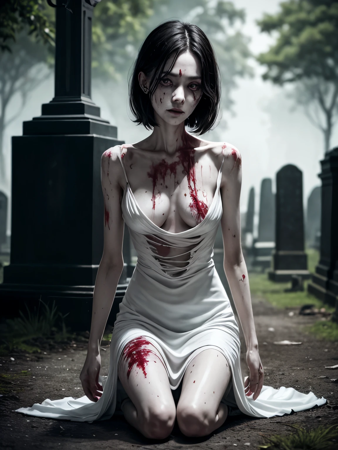 corpse, sinister, female, thin, pale, looking at the camera, ultra realistic, fully detailed, cemetery environment, bright eyes, white dress torn and stained with blood, bones exposed, putrid wounds, sensual, terrifying, bruised by the body, exposed fracture in the collarbone, slight smile, super detailed, full body