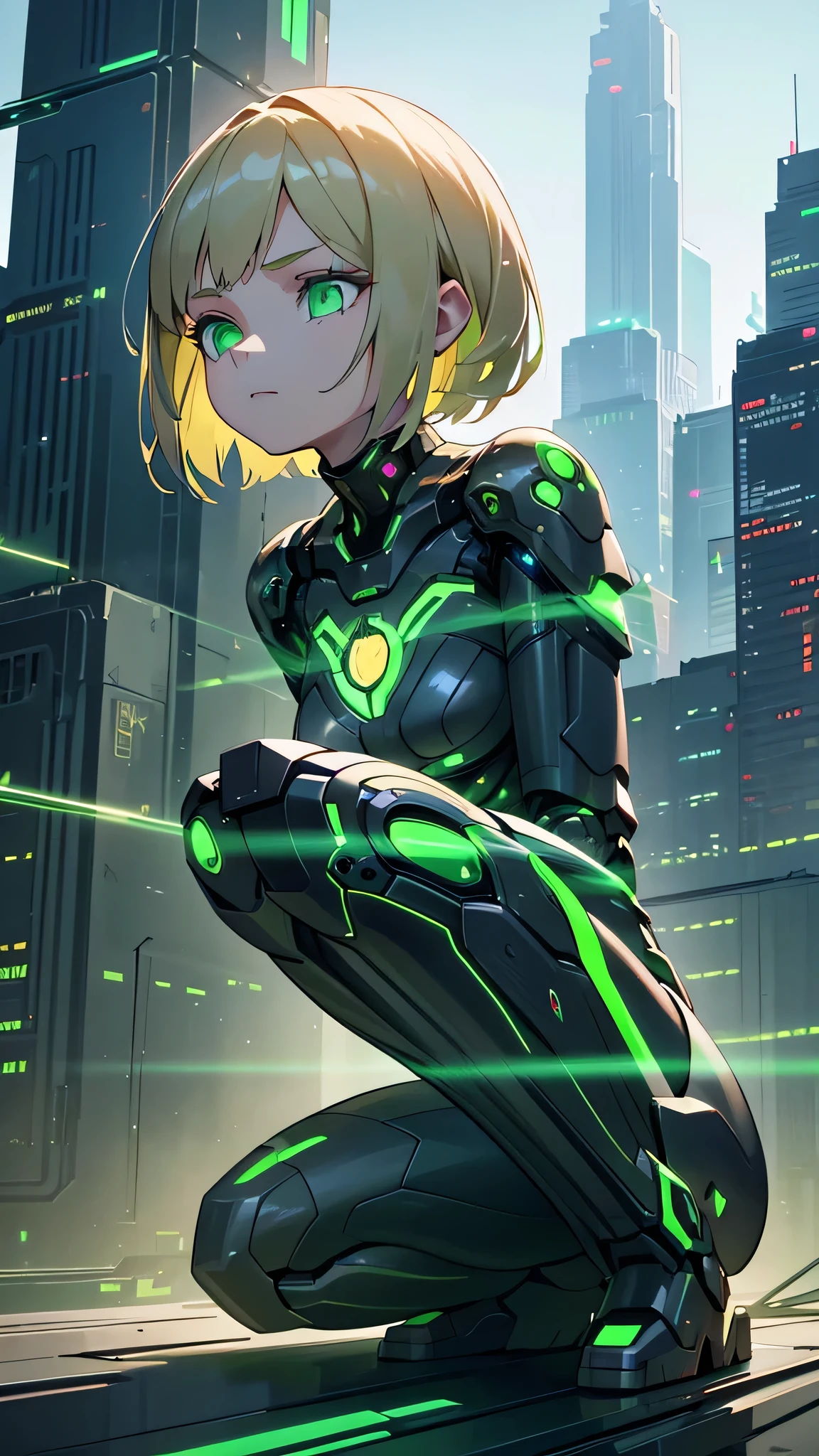 1girl, highly detailed cyborg girl, short blonde hair, green eyes, crouching, half of her body is exposed wiring, skyscrapers in the background, best quality, 8k, ultra-detailed, masterpiece, glowing green details, photorealistic, cinematic lighting, dramatic shadows, vibrant colors, mechanical body parts, advanced futuristic technology, intricate machinery