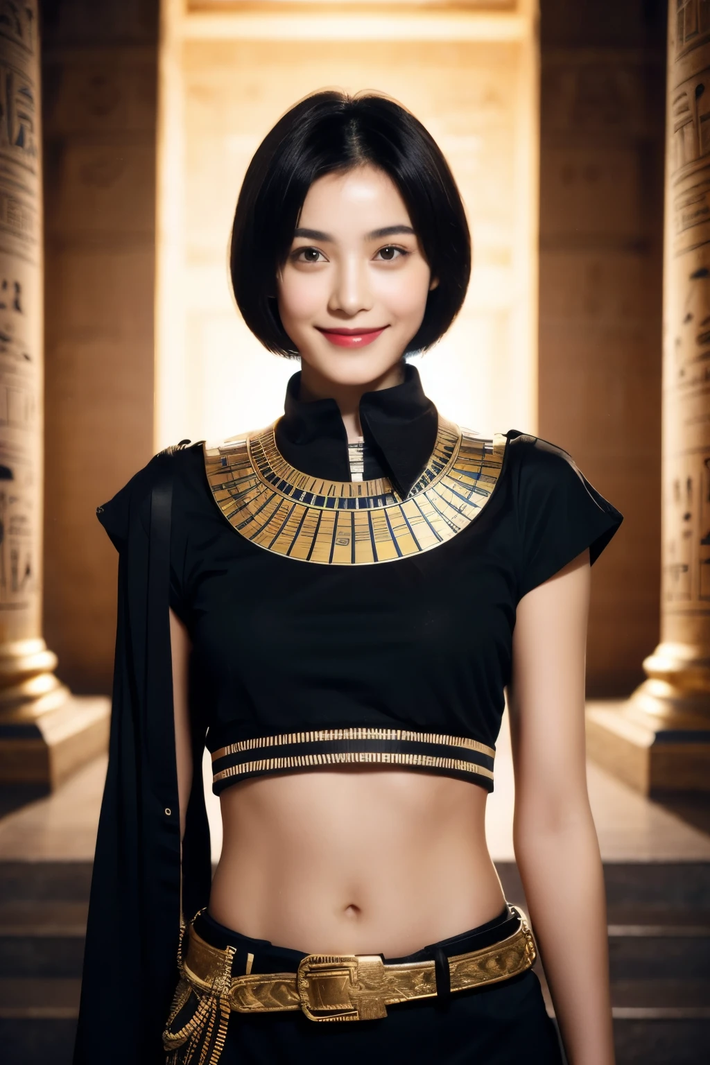 243 20-year-old female, short hair,kind, lipstick, Egyptian civilization, Waist belt, Hieroglyphics, smile
