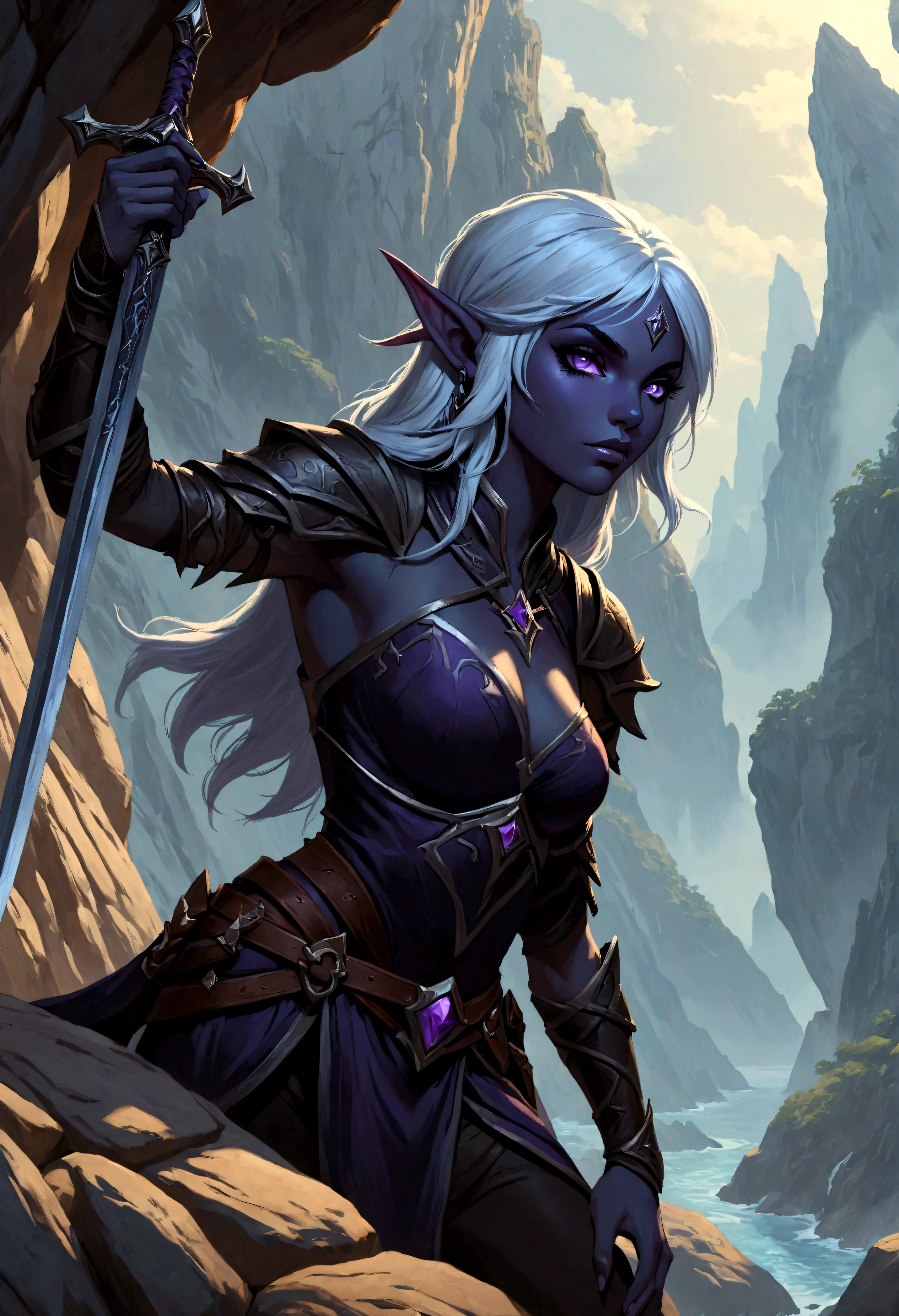 Close-up of a man holding a sword near the rocks,climb岩，climb， Noah Bradley (Noah Bradley) Inspiring Portraits, cg social hot spots, Fantasy Art, Drow, Drow ranger, female Drow elf, perfect Drow, handsome Drow, Dark Elves maiden, Dark Elves, Portrait of Drizzt Durden, male Drow, Dark Elves princess