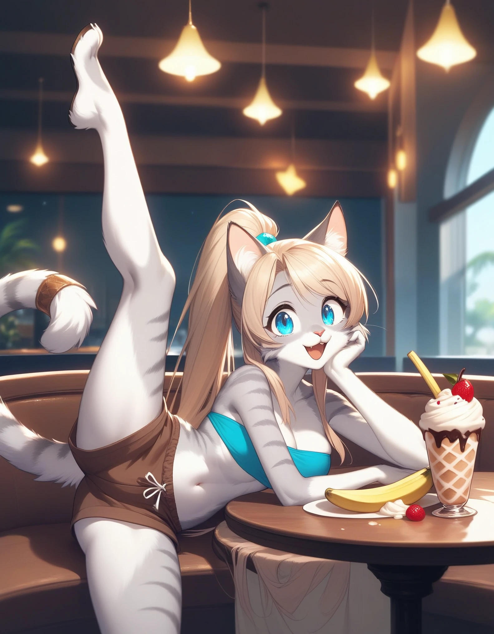 score_9,score_8_up,score_7_up, source_cartoon, source_furry, Kat, Anthro furry feline girl, tall body, hourglass figure, adult female, blue eyes, :3, silver fur, long blonde hair, hair in a ponytail, wearing blue bandeau, brown short shorts, indoors, in a restaurant, sitting at a table, a giant banana split ice cream sundae in front of her on the table, stars in her eyes, she is looking at the sundae, she is excited, hands on her face