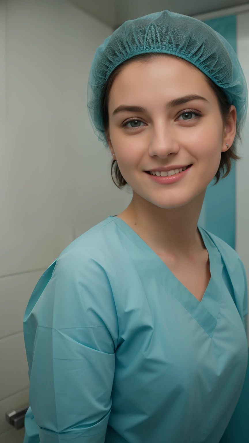 A Realistic Portrait, of a german ager girl, pediatric patient ,15 yeautiful, detailed face, detailed eyes, (realistic skin:1.3), (pale skin:1.1), (textured skin:1.3), (()), big smile, (iphone photograph), ), (artificial lighting:1.3), looking at the camera, , amateur Photography, Photorealistic, Detailed, analog, poor quality, standing in medical change room, beautiful face, big eyes, big smile, detailed face, wears teal nylon patient gown with , putting long patient gown on, back-tied patient gown,, high closed crew-neck, bokeh, all wearing large teal nylon bouffant cap , , large surgical bouffant cap covering hair and ears, ultra-short hair fully covered by nylon shower cap, no hair tails, standing in hospital room