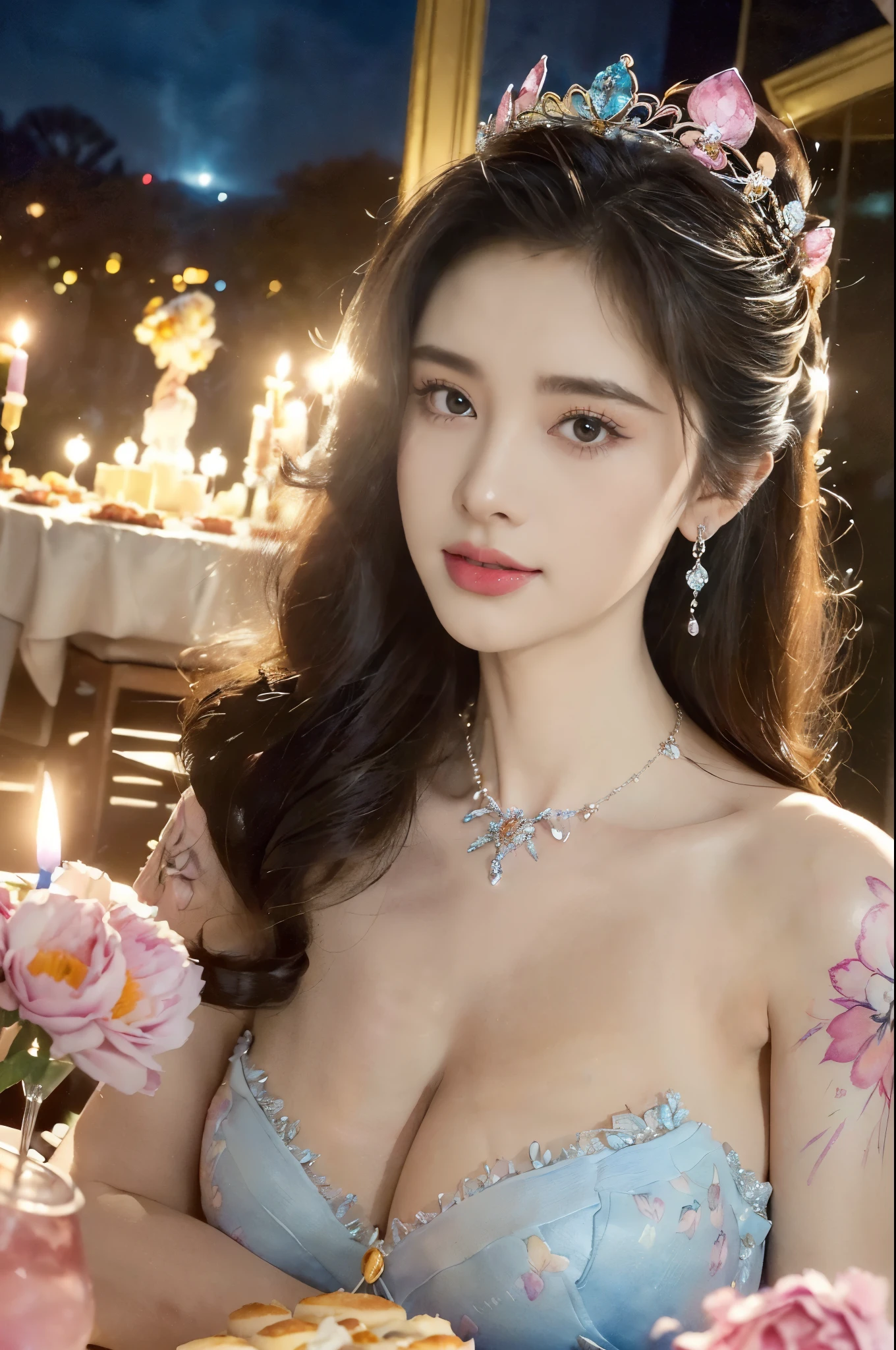 ((((8k))),((Extremely meticulous CG)) ,(wallpaper),16k,((Extremely refined and beautiful)),(((Masterpiece))),(((best qualtiy))),(((Ultra High Resolution))),beautiful light up,Perfect lightning,realistic shaded,((high resolution)),(Smooth and flawless fair skin:1.5),(pale skin:1.3),(Extremely exquisite facial details:1.2),(perfect body:1.1),(ultra-detailed),A beautiful girl,solo,(small head:1.2),(princess crown:1.2),(messy hair:1.2),(earrings:1.2),(small face:1.2),(Exquisite makeup:1.2),(blush:1.3),(gigantic breasts:1.5),(towering chests:1.5),((slim,thin)),(laughing:1.2),(crystal necklace:1.2),(gorgeous blue floral dress:1.3),(stockings:1.5),(night scene:1.5),(In a luxurious restaurant:1.3),(candlelight dinner:1.2),(detailed background:1.5),(Standing:1.3),(arms behind back:1.3),(a cup of coffee),(a large fruits birthday cake on the table:1.3),(upper body:1.3),(from front:1.3),The scent of summer,Full of various cakes and pastries,sweet and warm atmosphere,(floral watercolor painting:1.3),(Super high saturation,bright and vivid colors:1.3),
