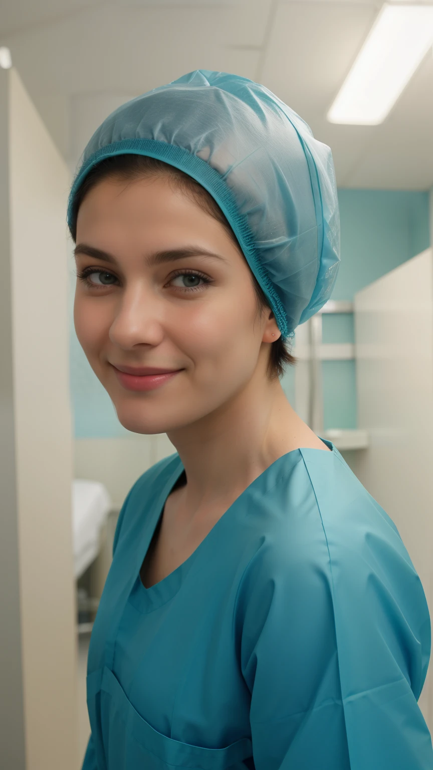 A Realistic Portrait, of a italian girl, pediatric patient ,10 years old,, Beautiful, detailed face, detailed eyes, (realistic skin:1.3), (pale skin:1.1), (textured skin:1.3), (()), big smile, (iphone photograph),  ), (artificial lighting:1.3),  looking at the camera, , amateur Photography, Photorealistic, Detailed, analog, poor quality, standing in medical change room, beautiful face, big eyes, big smile, detailed face, wears teal nylon patient gown with  , putting long patient gown on, back-tied patient gown,, high closed crew-neck, bokeh, all wearing large teal nylon bouffant cap , , large surgical bouffant cap covering hair and ears, ultra-short hair fully covered by nylon shower cap, no hair tails, standing in hospital room