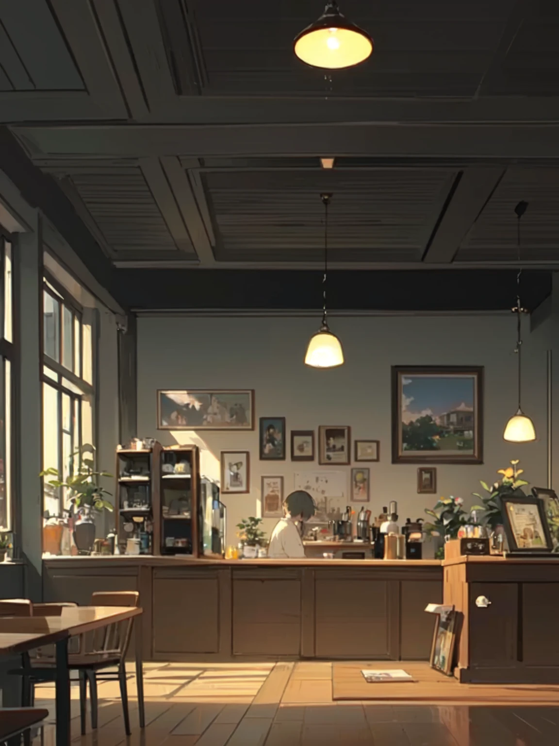 (coffee shop, cafe, coffee, cafe latte, relax mood), early summer air, aesthetic, Ghibli background style, cute storybook illustration, gentle soft lighting, Giorgio Morandi Colors, thick line graph, full-color illustration, cover illustration, scenery, dabai style, (lamplight:1.0),masterpiece, Best quality at best,